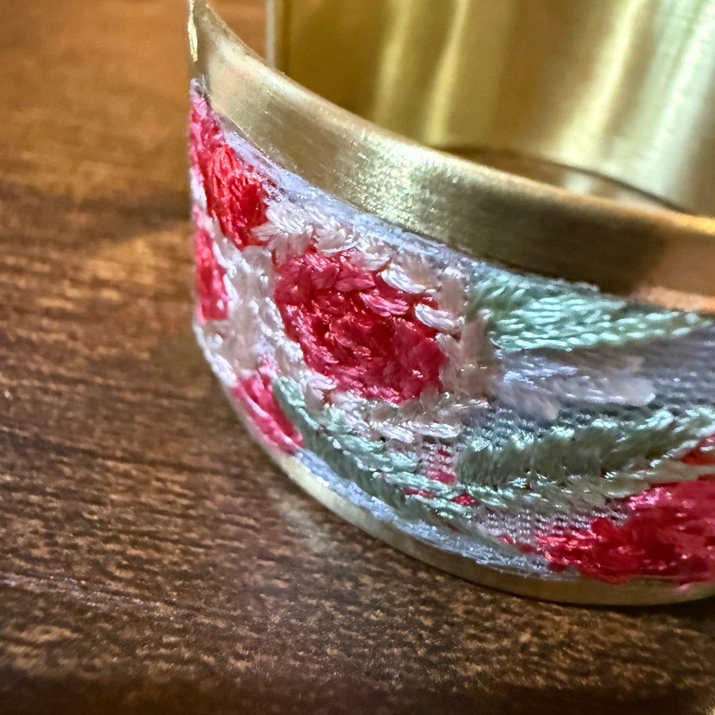 Cottage Craft Floral Embroidered Gold Cuff Bracelet Handmade In India Wild West Boho
