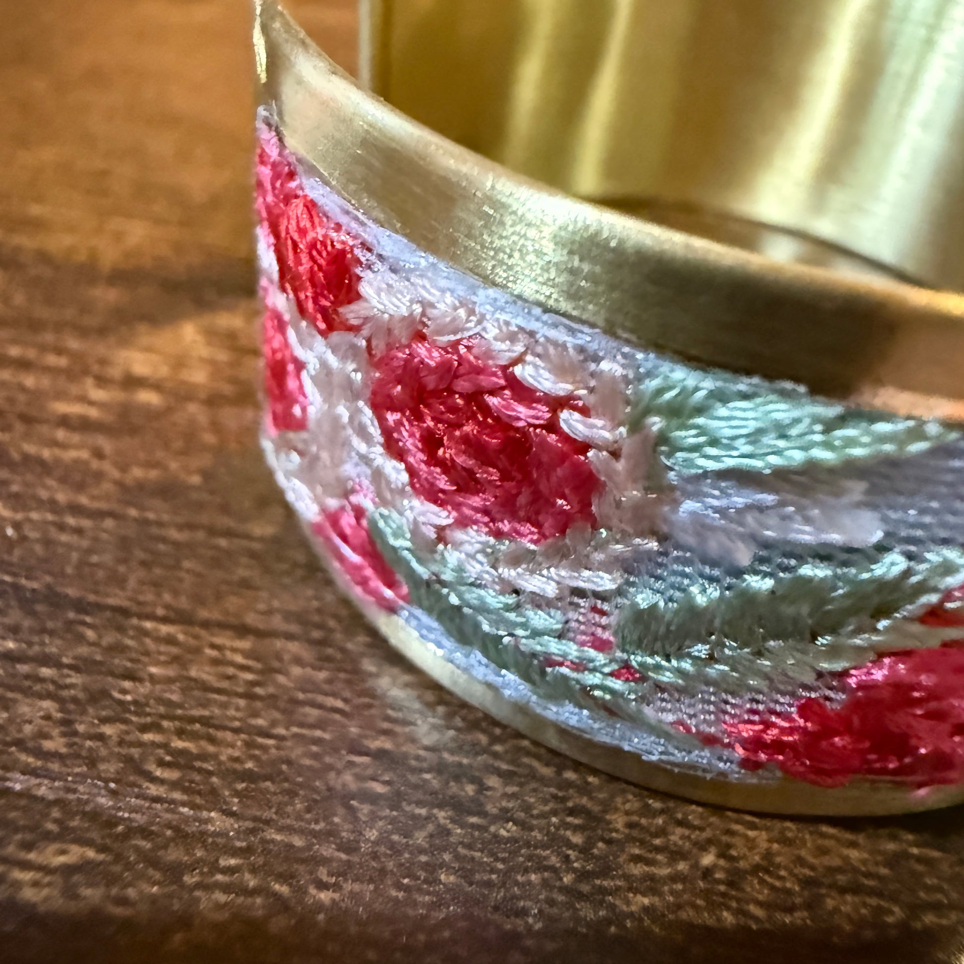Cottage Craft Floral Embroidered Gold Cuff Bracelet Handmade In India Wild West Boho