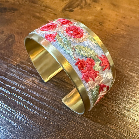 Cottage Craft Floral Embroidered Gold Cuff Bracelet Handmade In India Wild West Boho