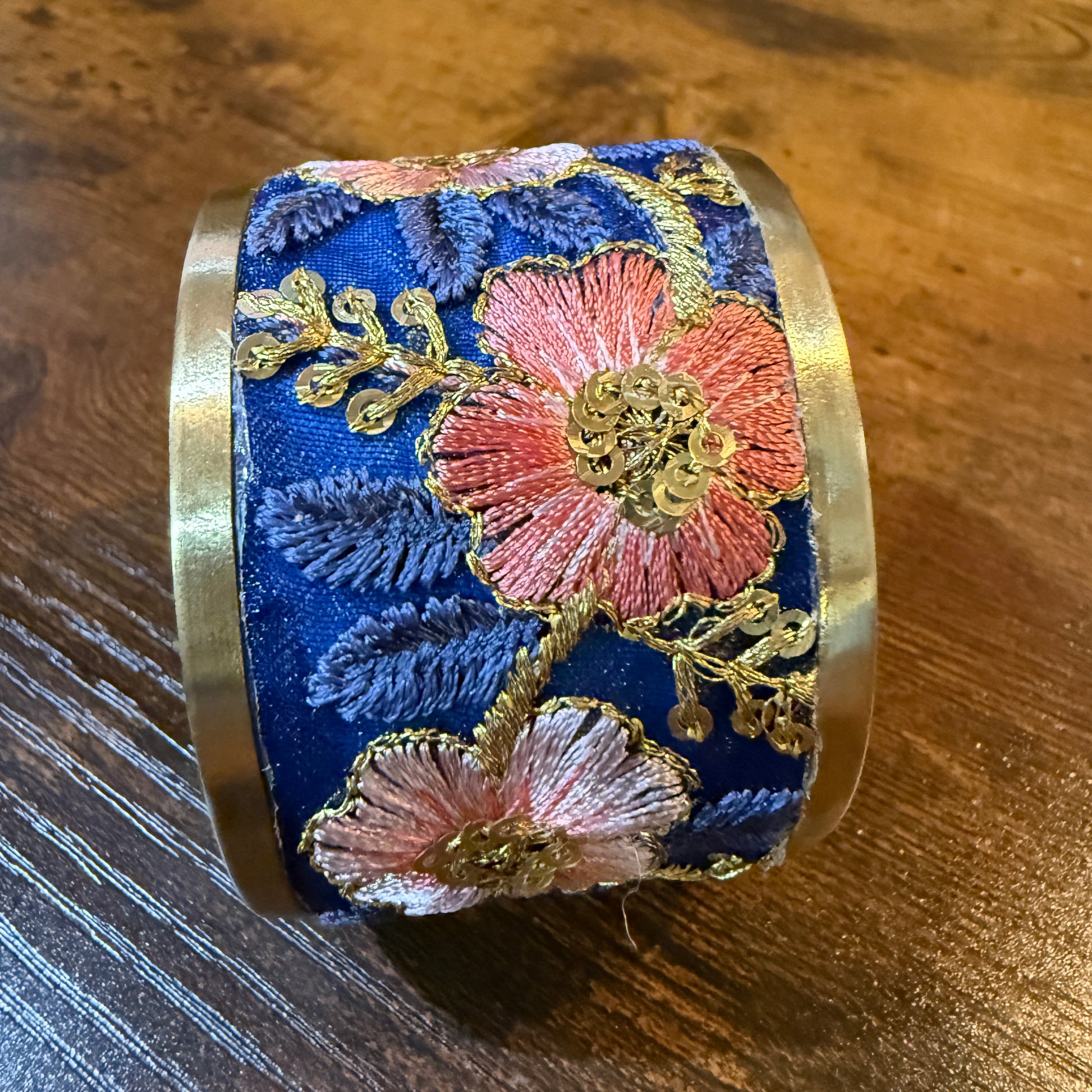 Summer Bloom Gold Tone Embroidered Flex Cuff Bracelet With Floral Embroidery Wild West Boho