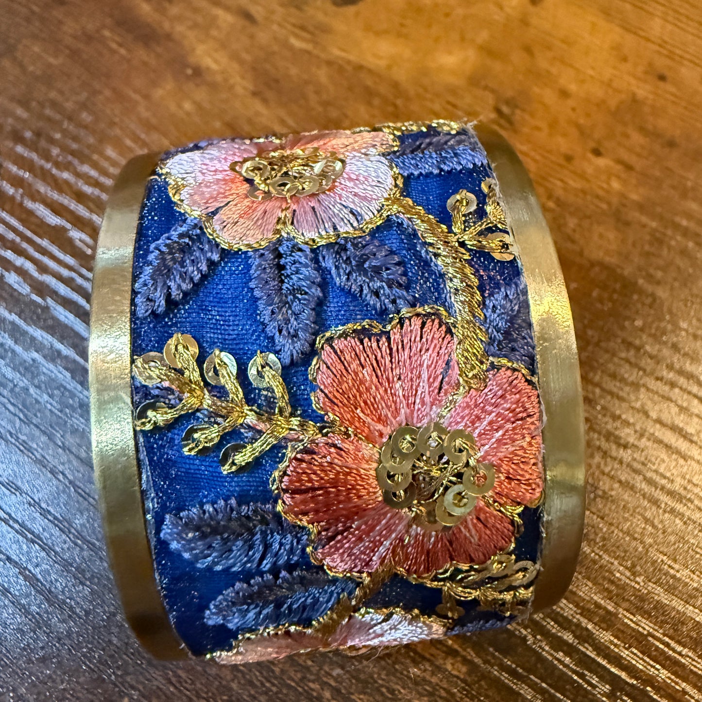 Summer Bloom Gold Tone Embroidered Flex Cuff Bracelet With Floral Embroidery Wild West Boho
