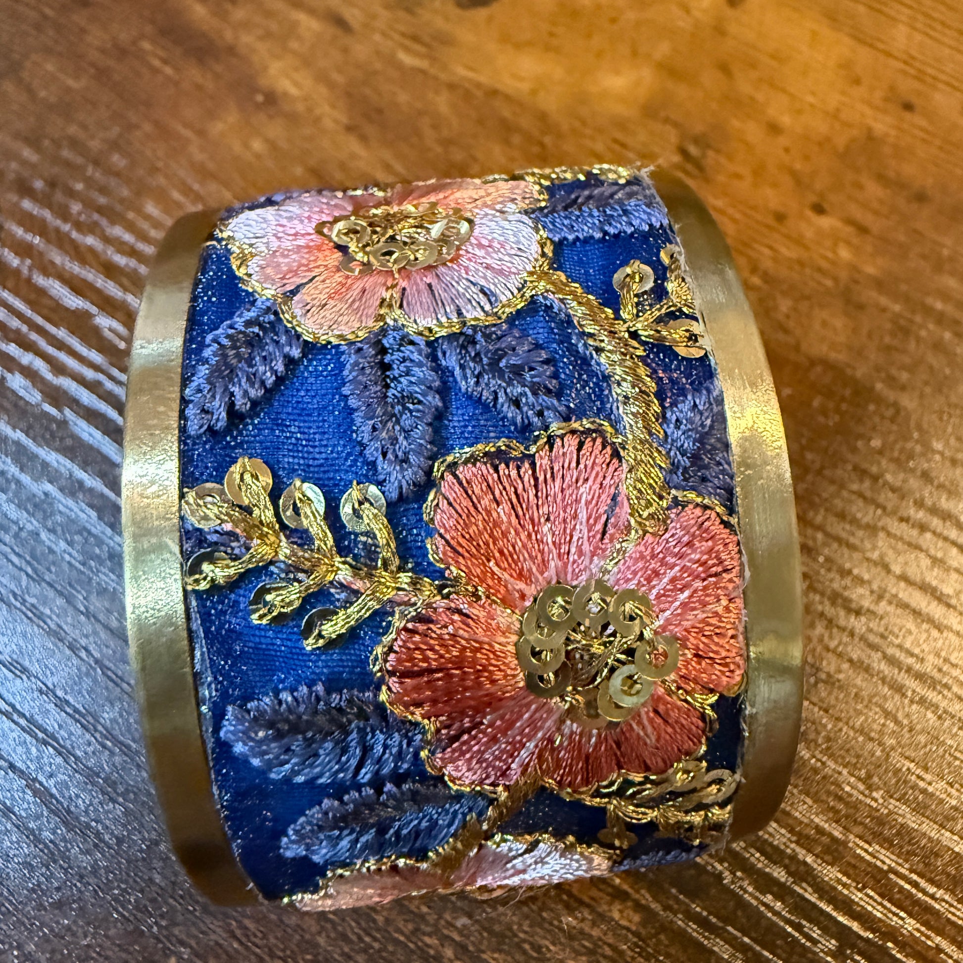 Summer Bloom Gold Tone Embroidered Flex Cuff Bracelet With Floral Embroidery Wild West Boho