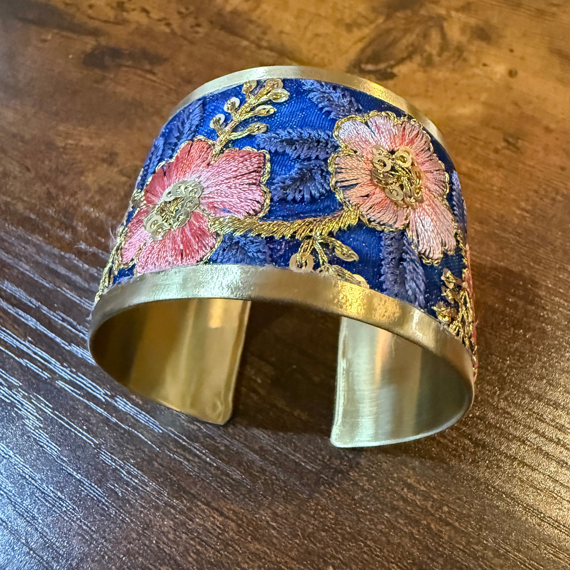 Summer Bloom Gold Tone Embroidered Flex Cuff Bracelet With Floral Embroidery Wild West Boho