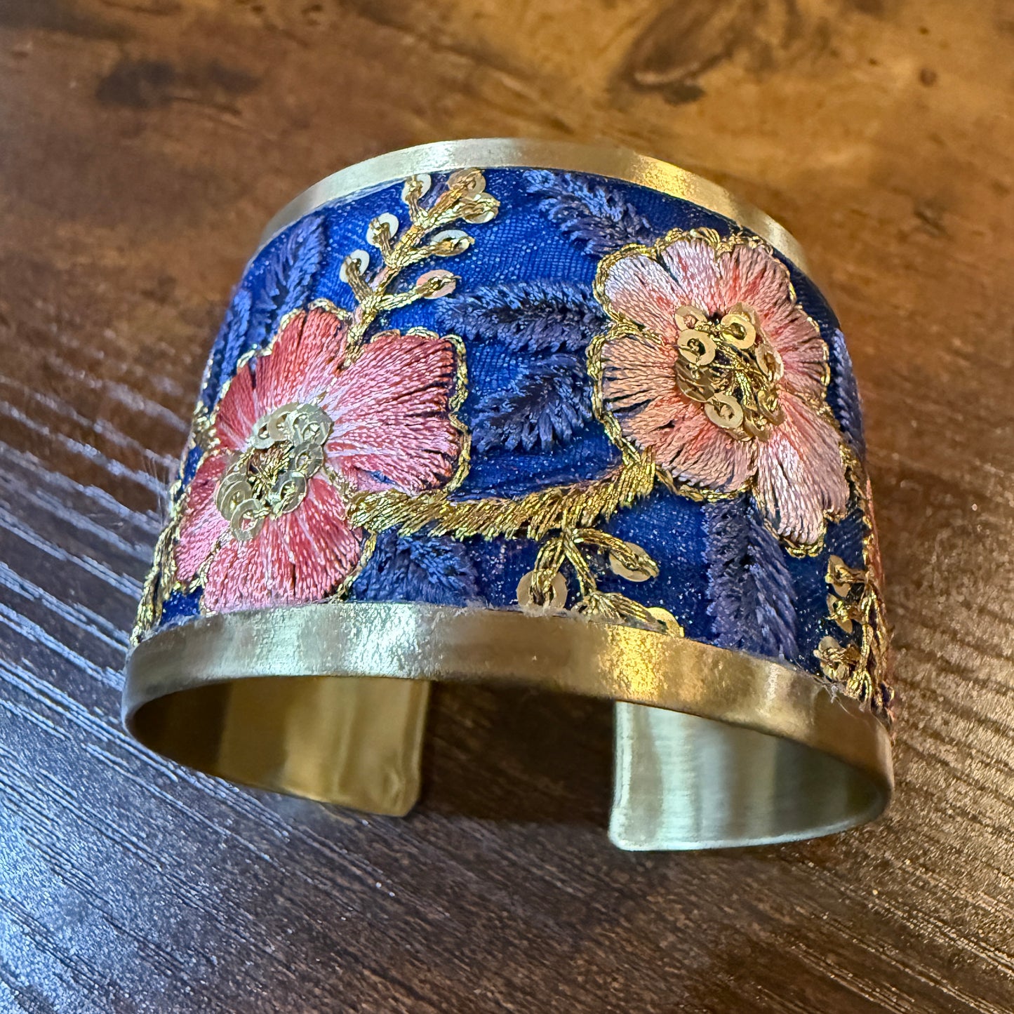 Summer Bloom Gold Tone Embroidered Flex Cuff Bracelet With Floral Embroidery Wild West Boho