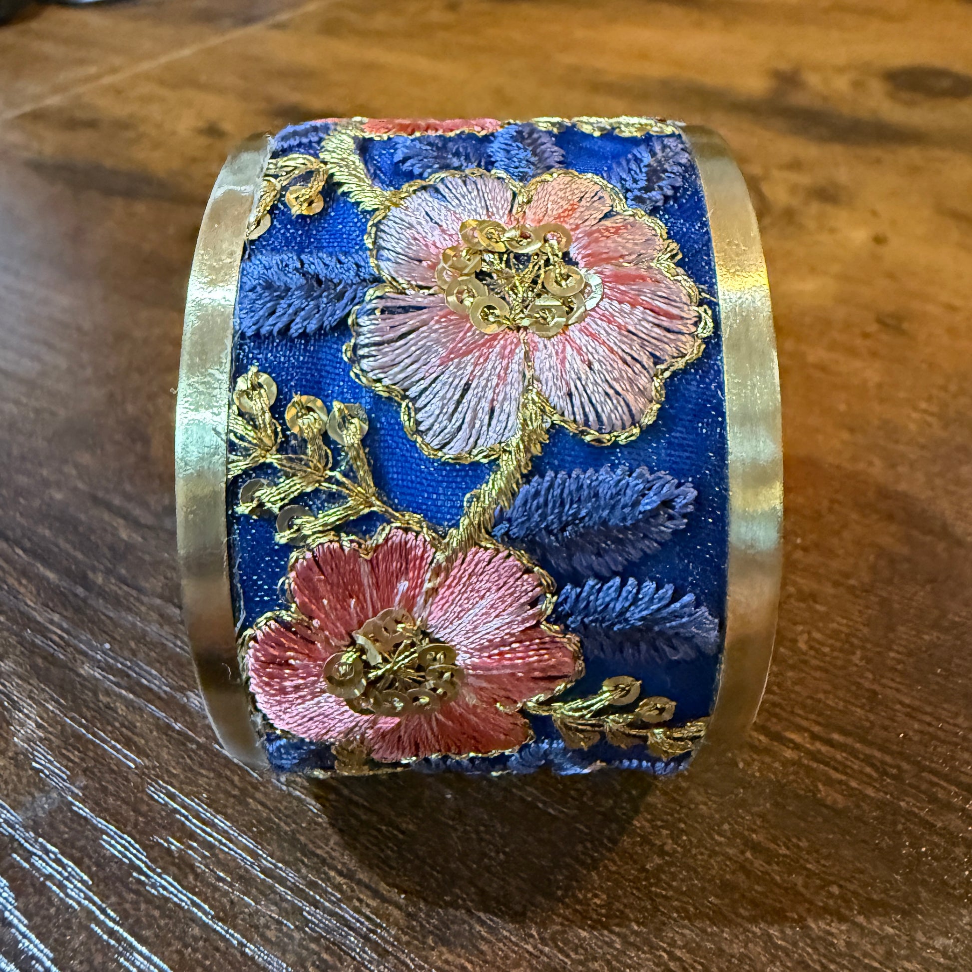 Summer Bloom Gold Tone Embroidered Flex Cuff Bracelet With Floral Embroidery Wild West Boho