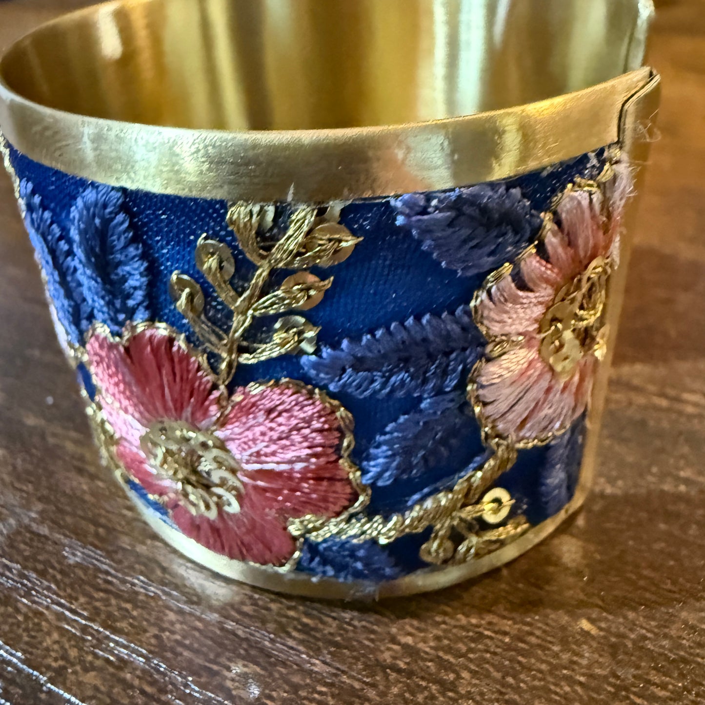 Summer Bloom Gold Tone Embroidered Flex Cuff Bracelet With Floral Embroidery Wild West Boho