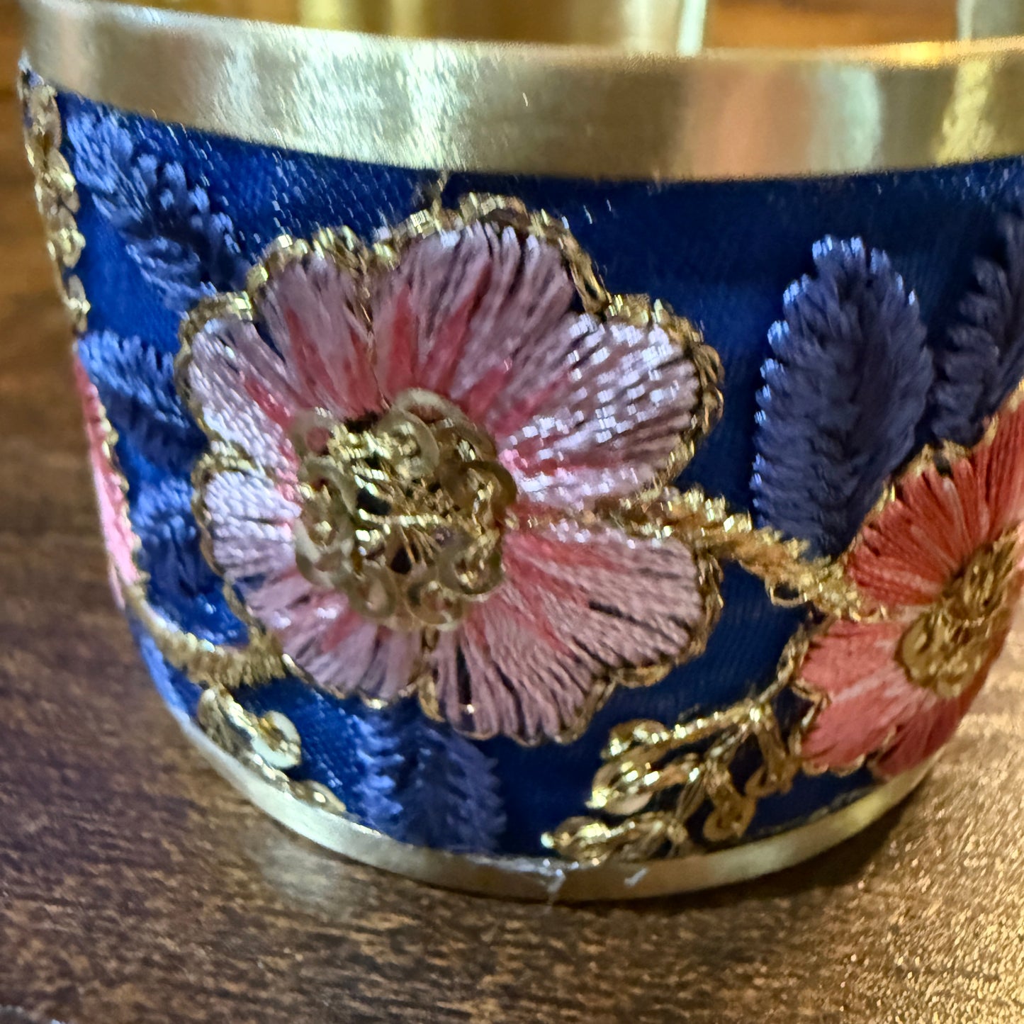 Summer Bloom Gold Tone Embroidered Flex Cuff Bracelet With Floral Embroidery Wild West Boho