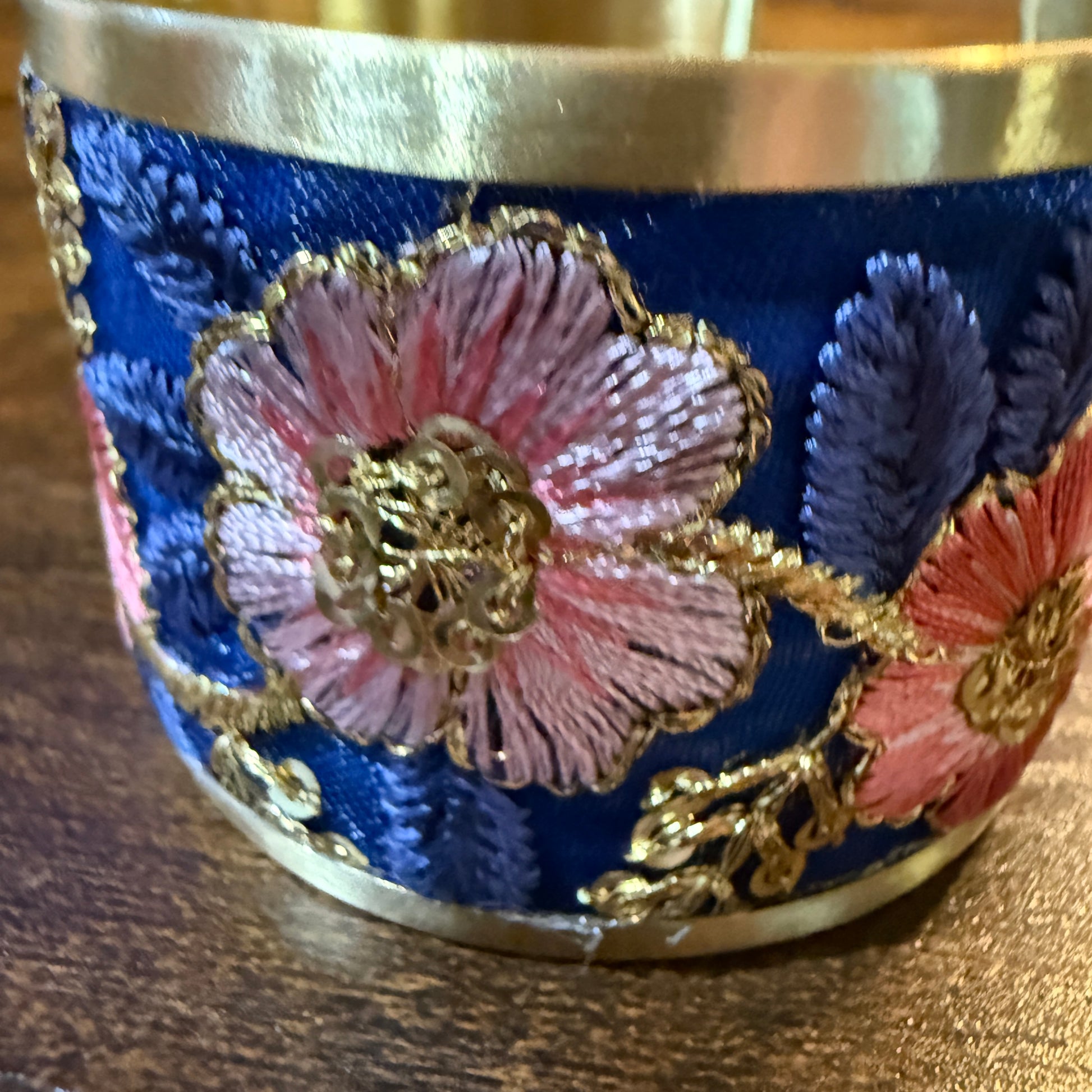 Summer Bloom Gold Tone Embroidered Flex Cuff Bracelet With Floral Embroidery Wild West Boho