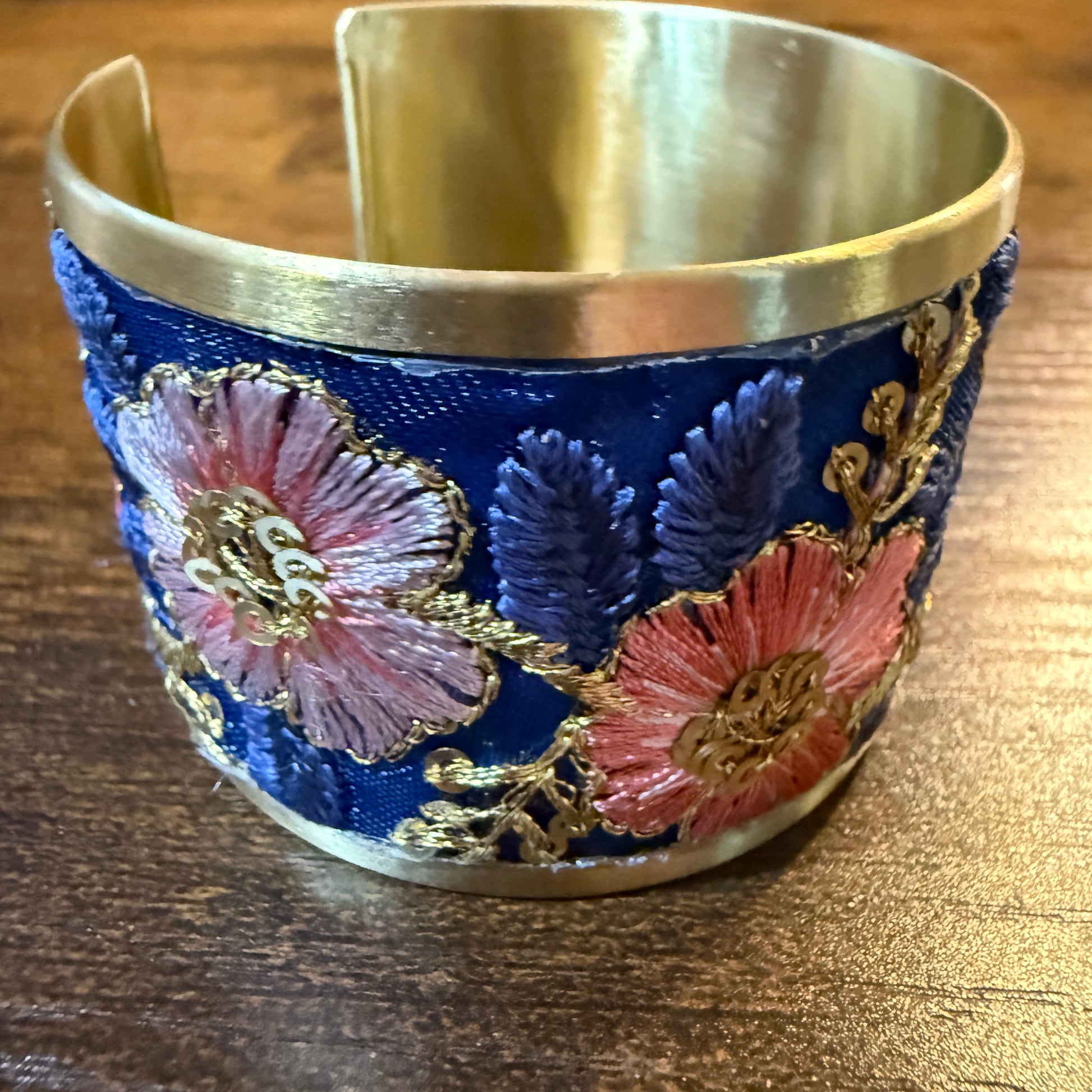 Summer Bloom Gold Tone Embroidered Flex Cuff Bracelet With Floral Embroidery Wild West Boho