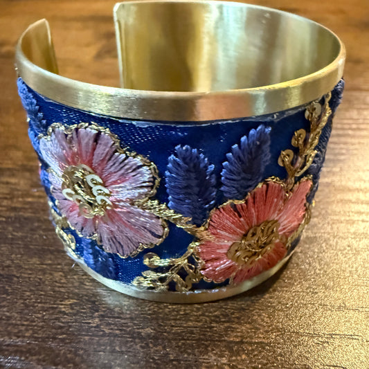 Summer Bloom Gold Tone Embroidered Flex Cuff Bracelet With Floral Embroidery Wild West Boho