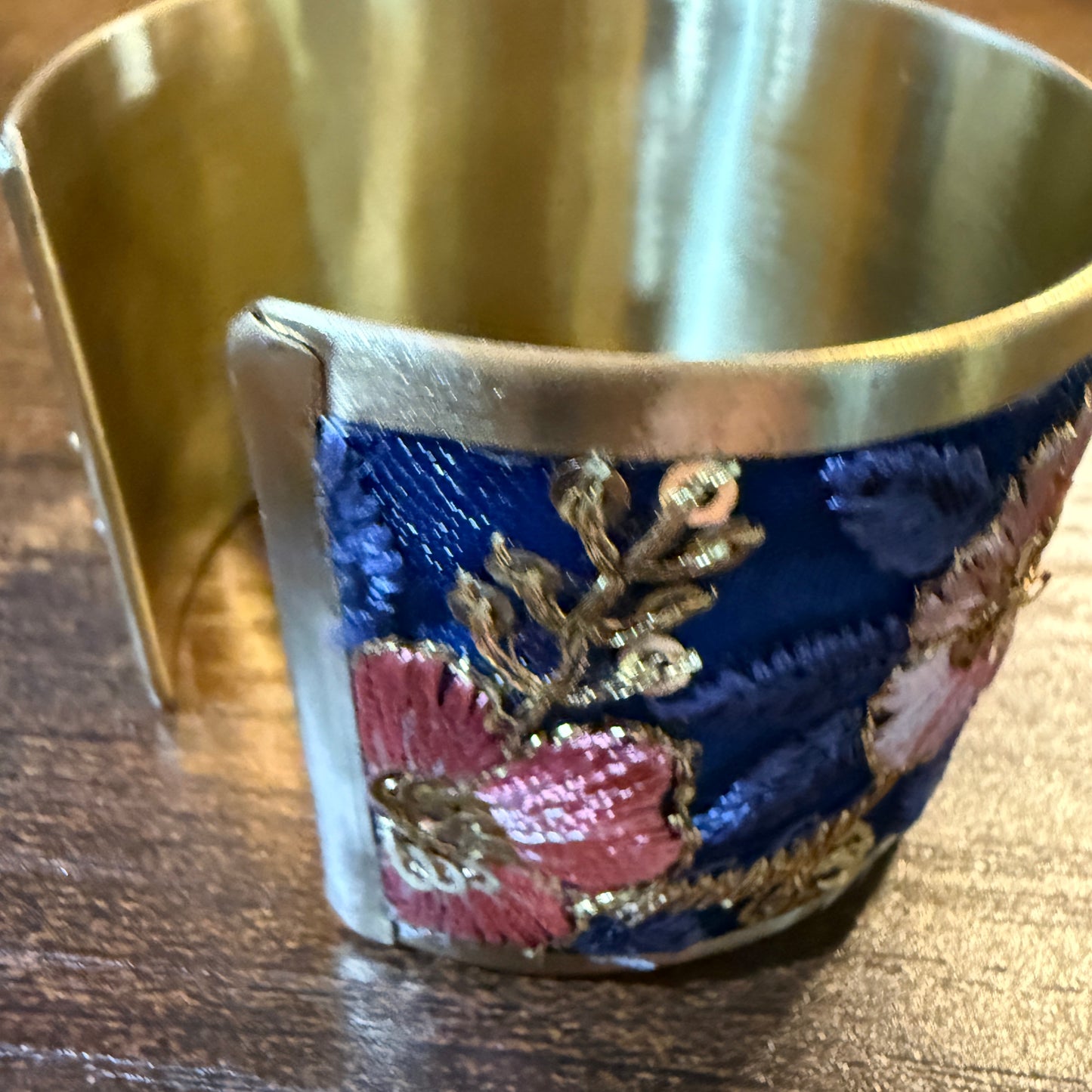 Summer Bloom Gold Tone Embroidered Flex Cuff Bracelet With Floral Embroidery Wild West Boho