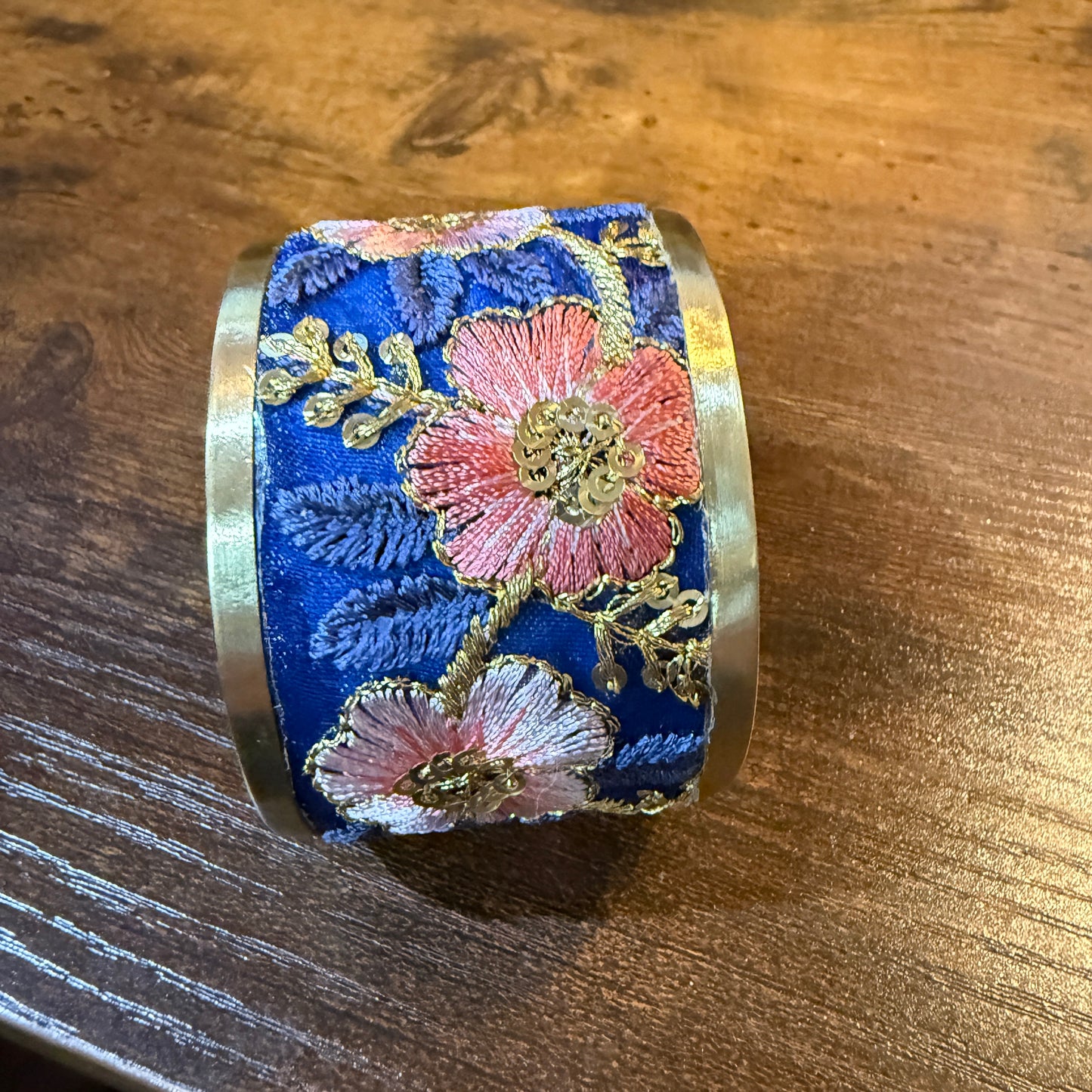 Summer Bloom Gold Tone Embroidered Flex Cuff Bracelet With Floral Embroidery Wild West Boho