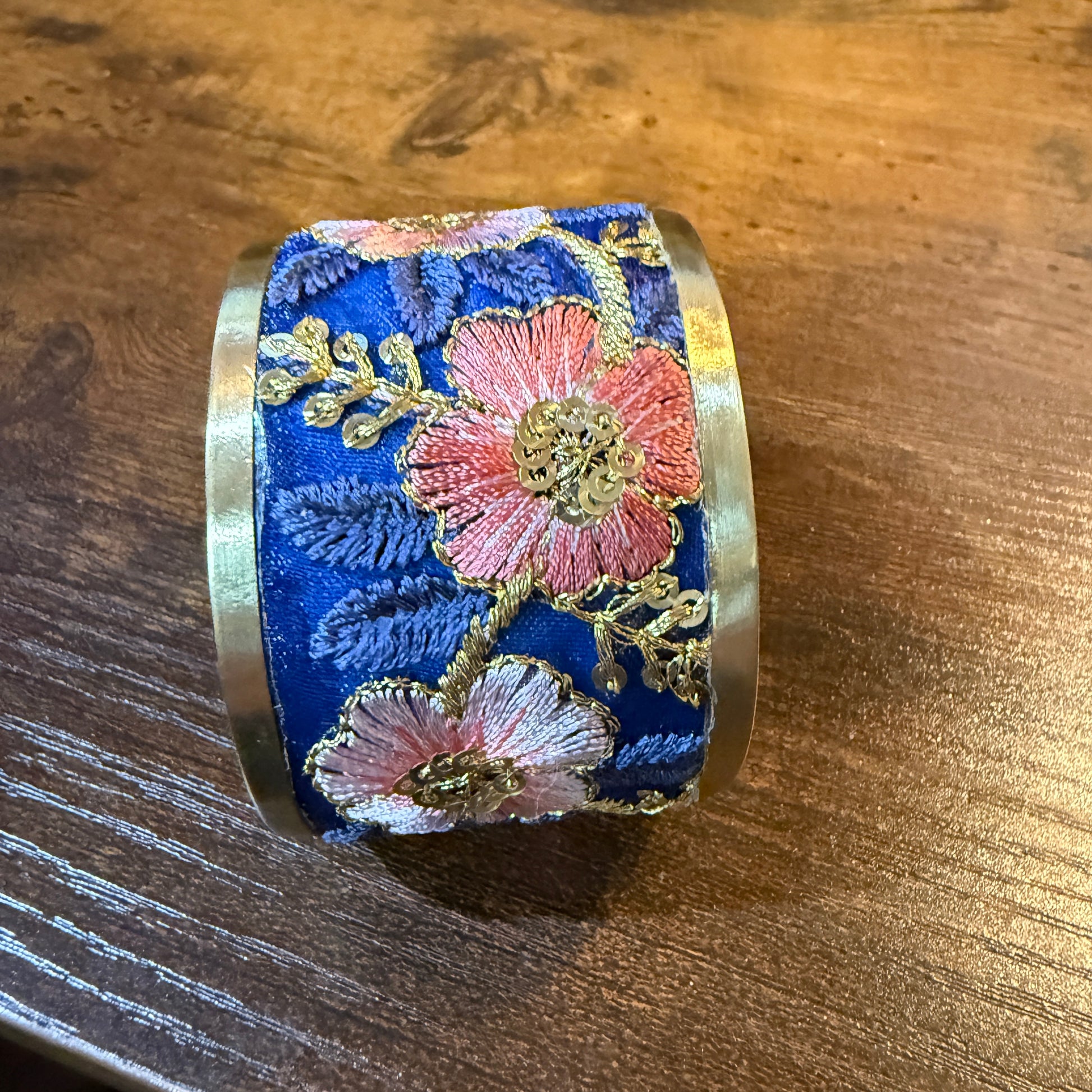 Summer Bloom Gold Tone Embroidered Flex Cuff Bracelet With Floral Embroidery Wild West Boho