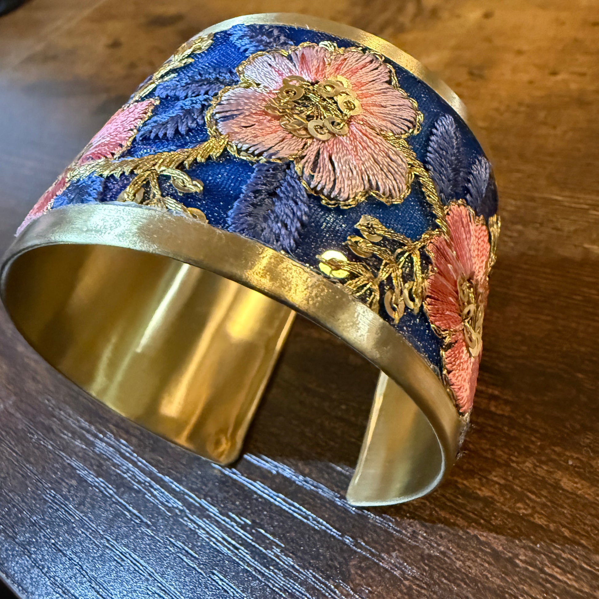 Summer Bloom Gold Tone Embroidered Flex Cuff Bracelet With Floral Embroidery Wild West Boho