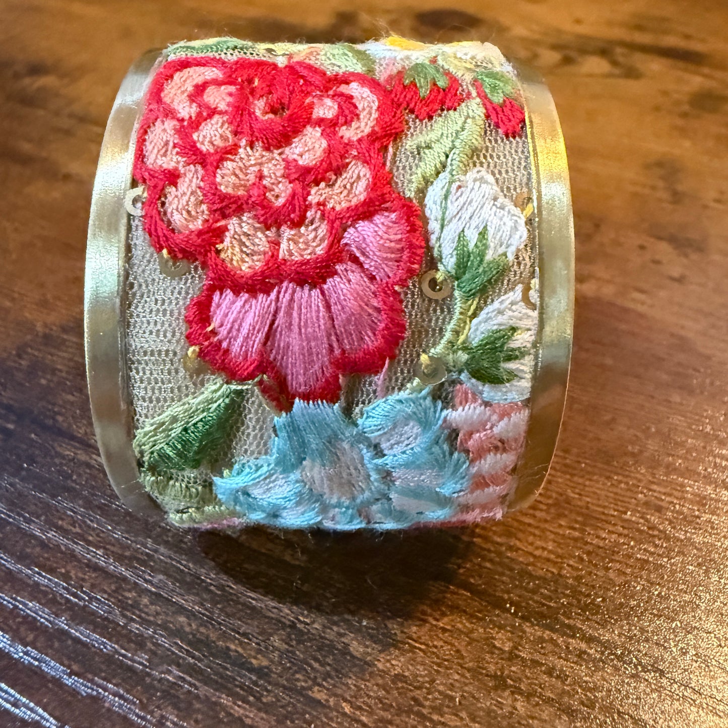 Spring Bloom Handcrafted Floral Embroidery Gold Tone Cuff Flex Bracelet Wild West Boho