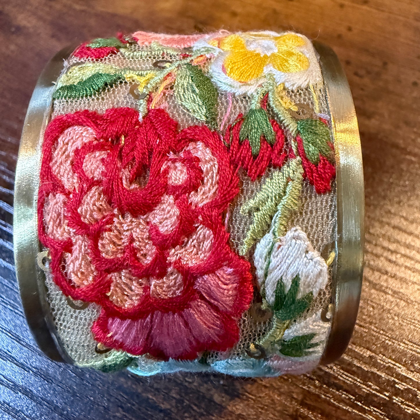Spring Bloom Handcrafted Floral Embroidery Gold Tone Cuff Flex Bracelet Wild West Boho