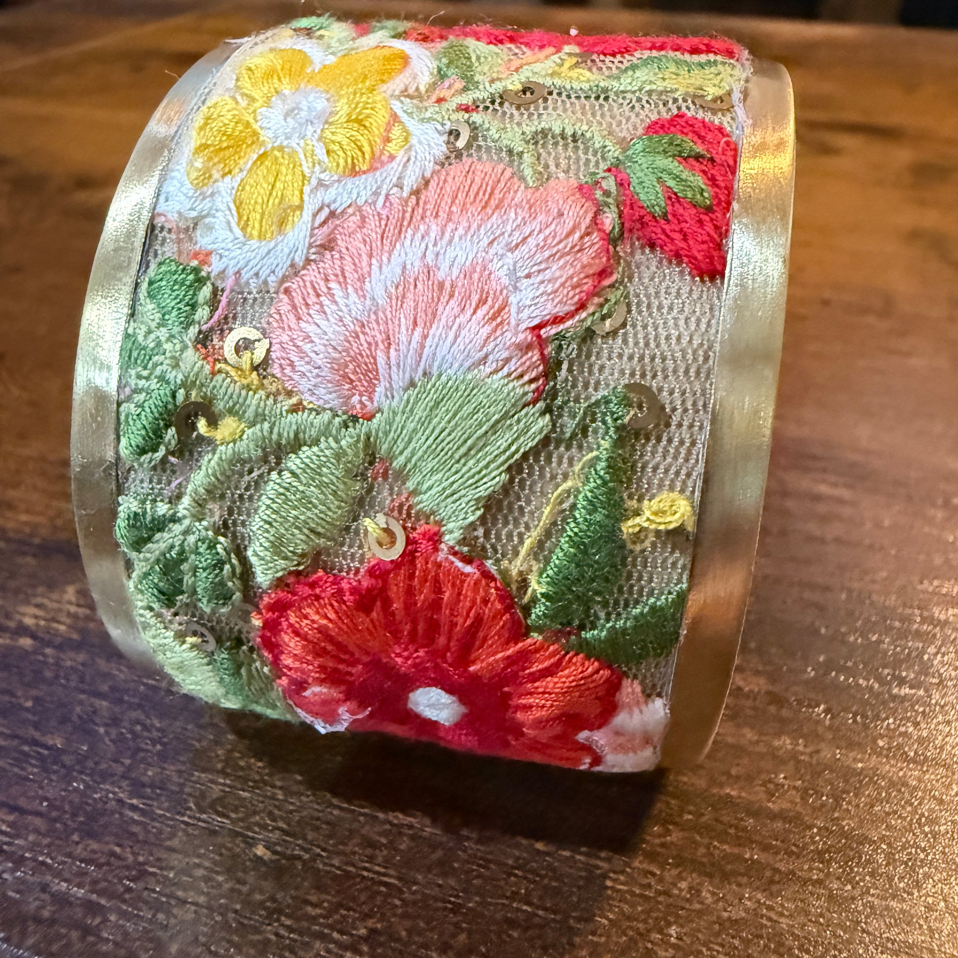 Spring Bloom Handcrafted Floral Embroidery Gold Tone Cuff Flex Bracelet Wild West Boho