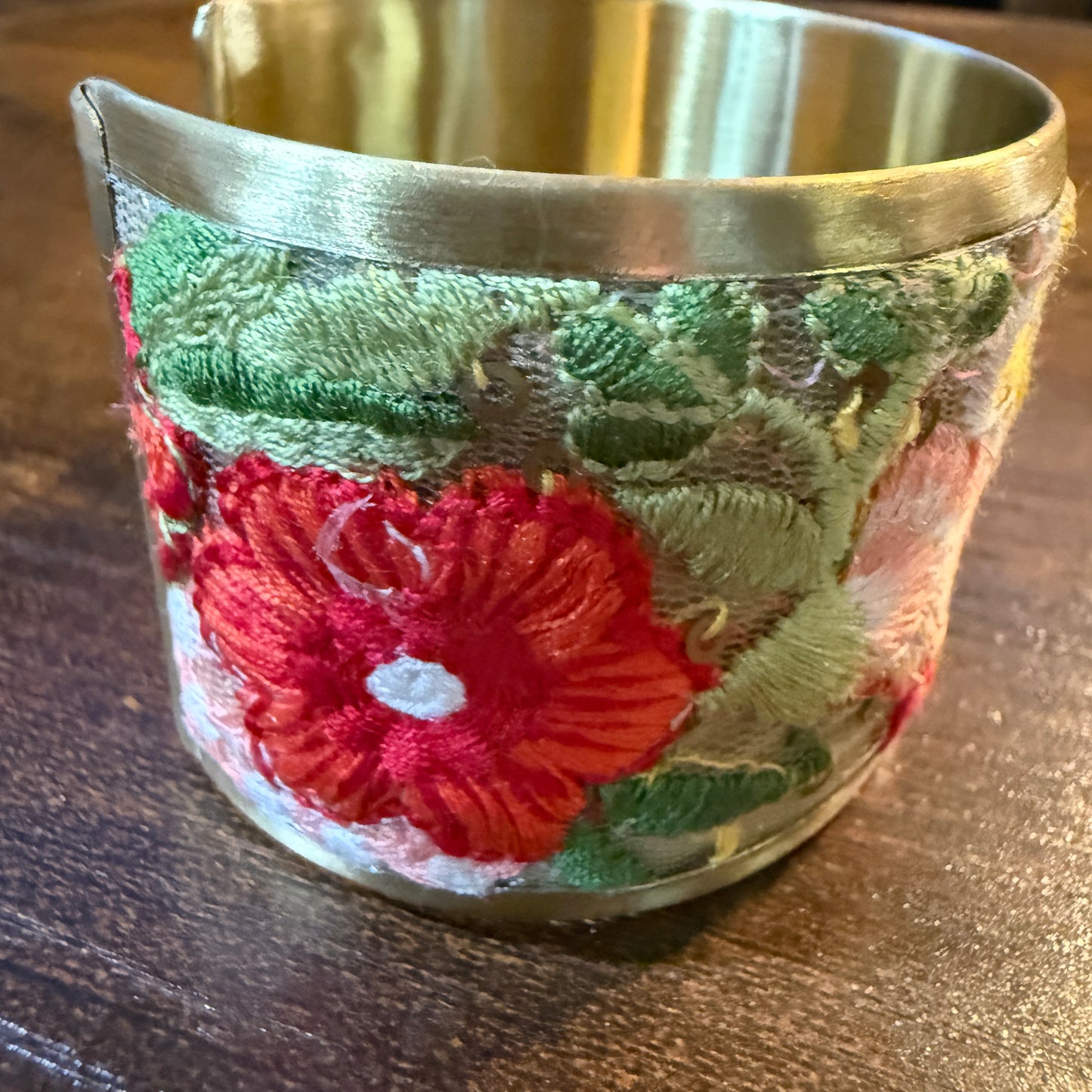 Spring Bloom Handcrafted Floral Embroidery Gold Tone Cuff Flex Bracelet Wild West Boho
