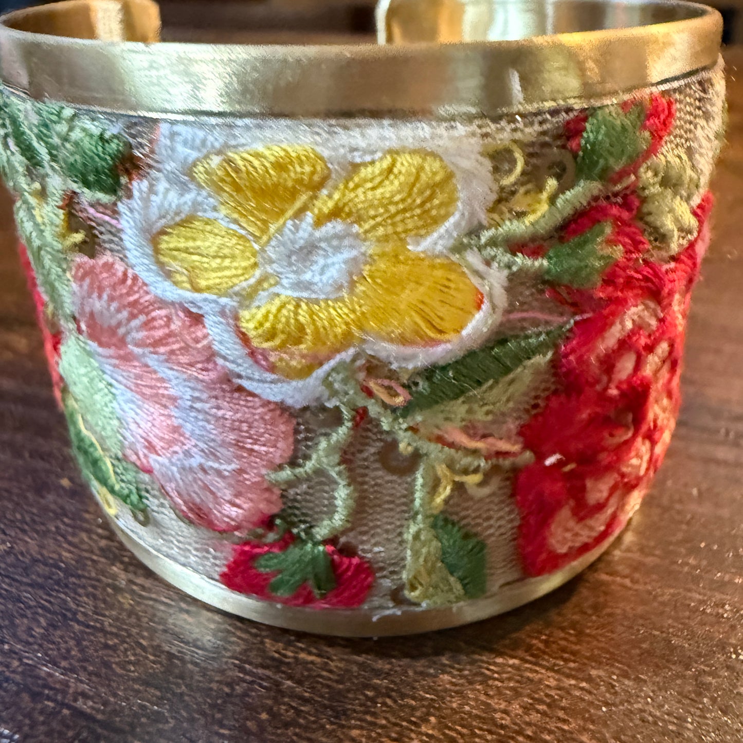 Spring Bloom Handcrafted Floral Embroidery Gold Tone Cuff Flex Bracelet Wild West Boho