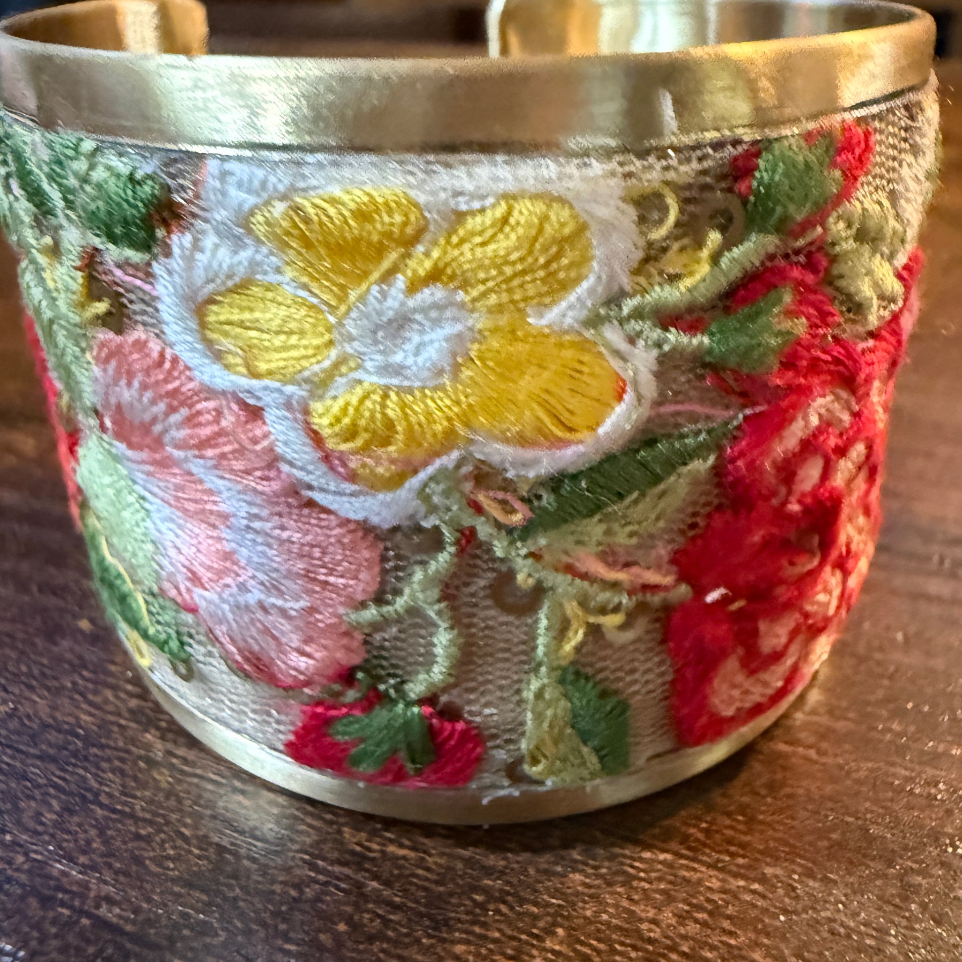 Spring Bloom Handcrafted Floral Embroidery Gold Tone Cuff Flex Bracelet Wild West Boho