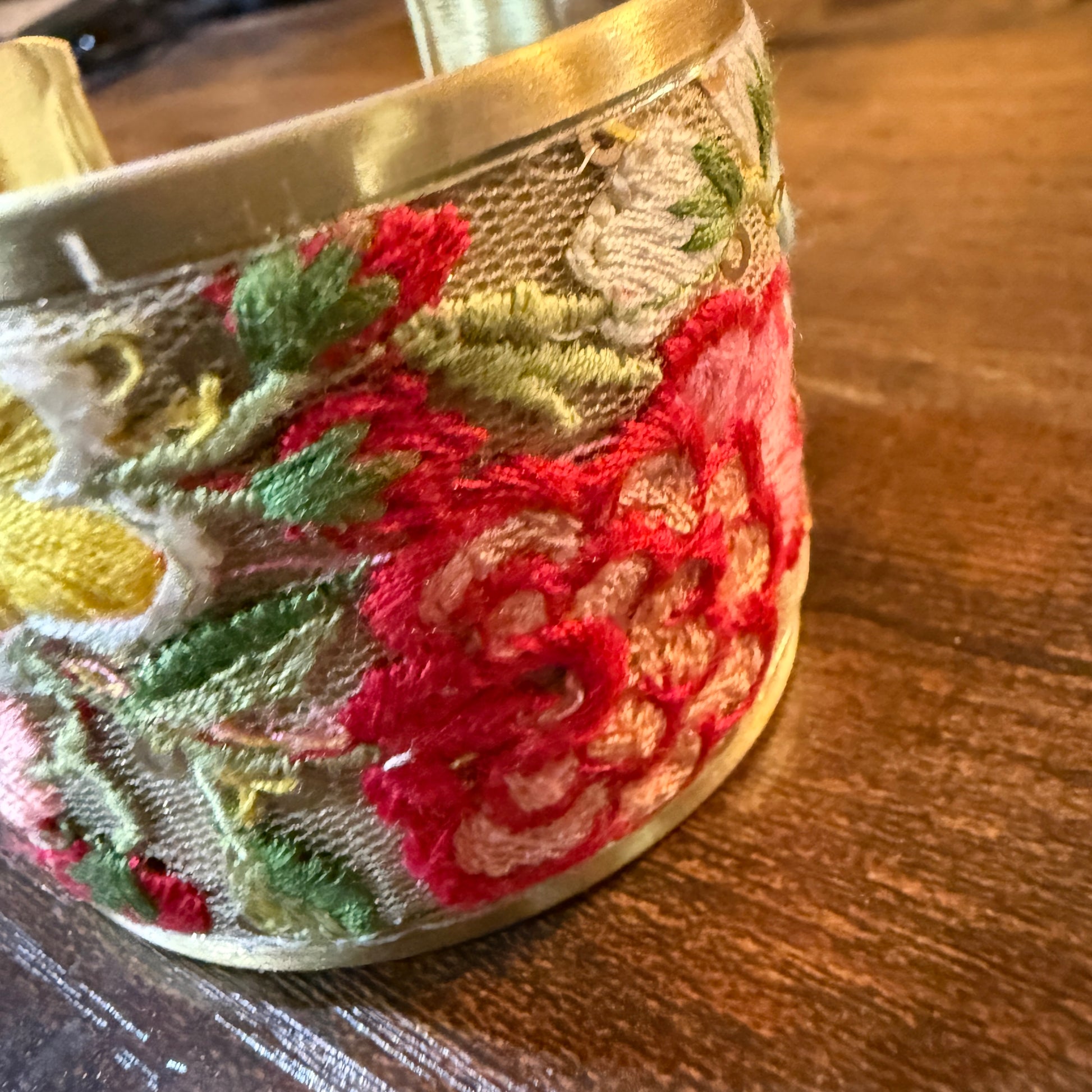 Spring Bloom Handcrafted Floral Embroidery Gold Tone Cuff Flex Bracelet Wild West Boho