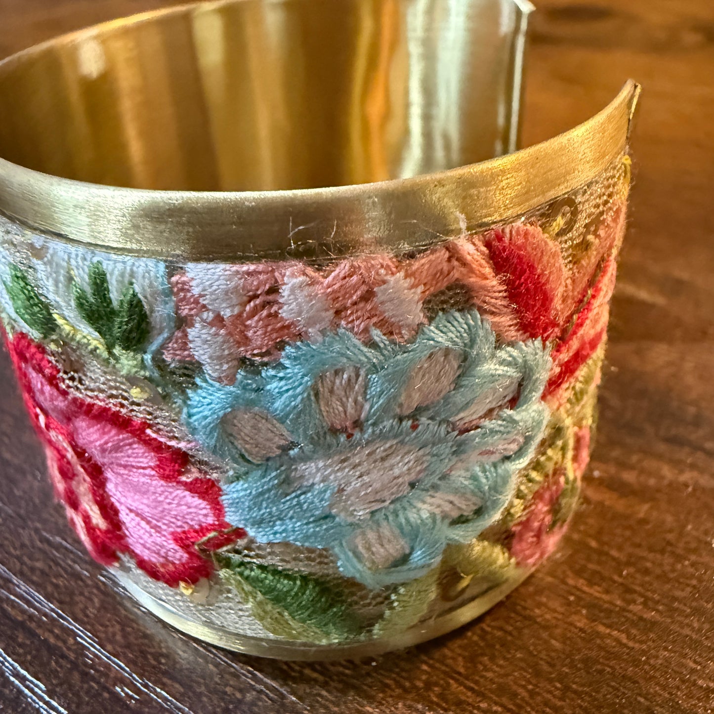 Spring Bloom Handcrafted Floral Embroidery Gold Tone Cuff Flex Bracelet Wild West Boho