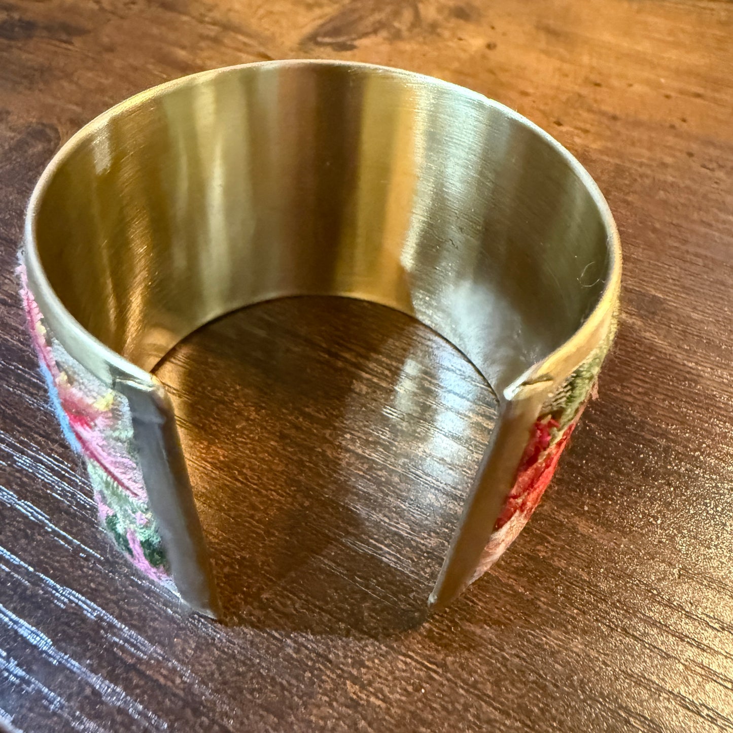 Spring Bloom Handcrafted Floral Embroidery Gold Tone Cuff Flex Bracelet Wild West Boho