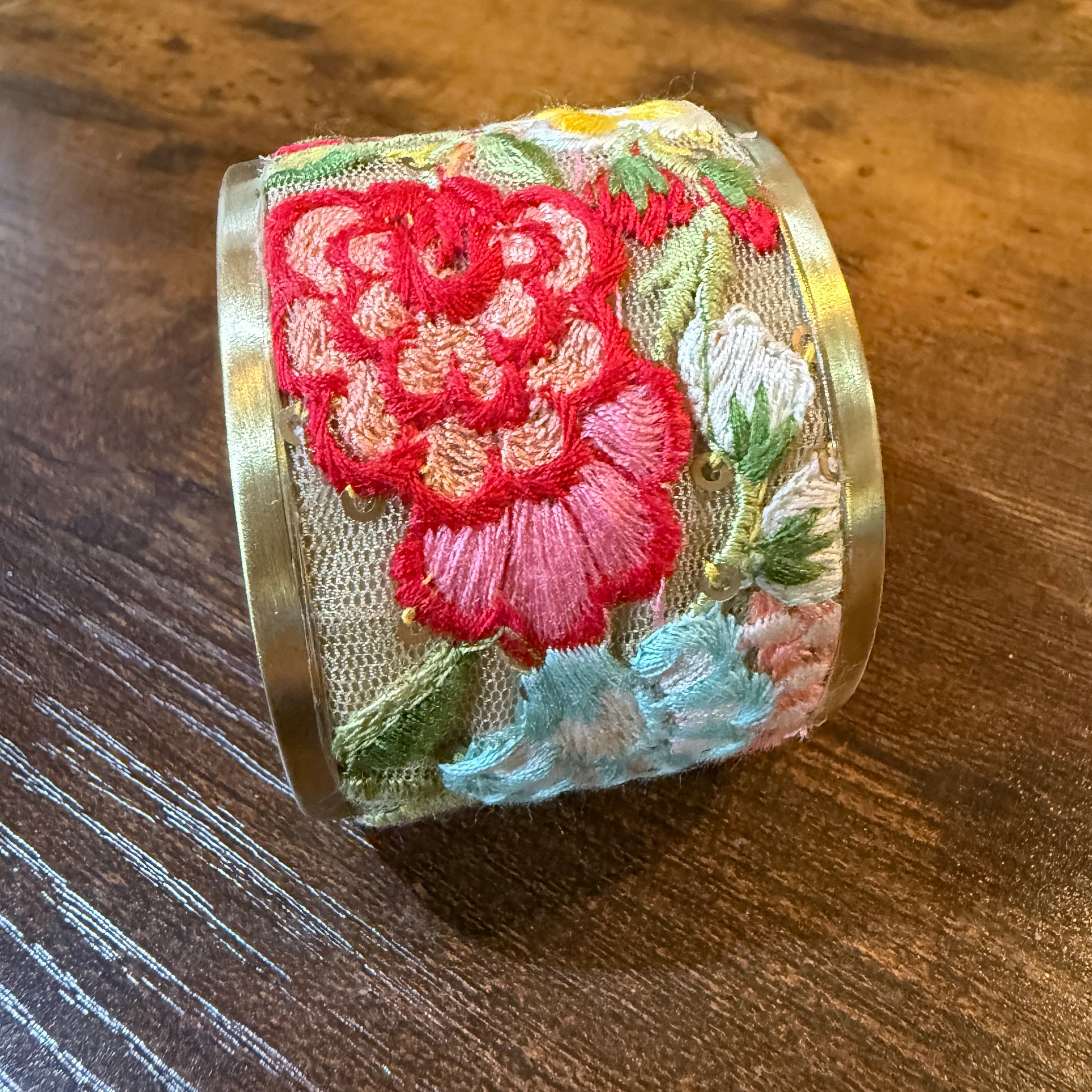 Spring Bloom Handcrafted Floral Embroidery Gold Tone Cuff Flex Bracelet Wild West Boho