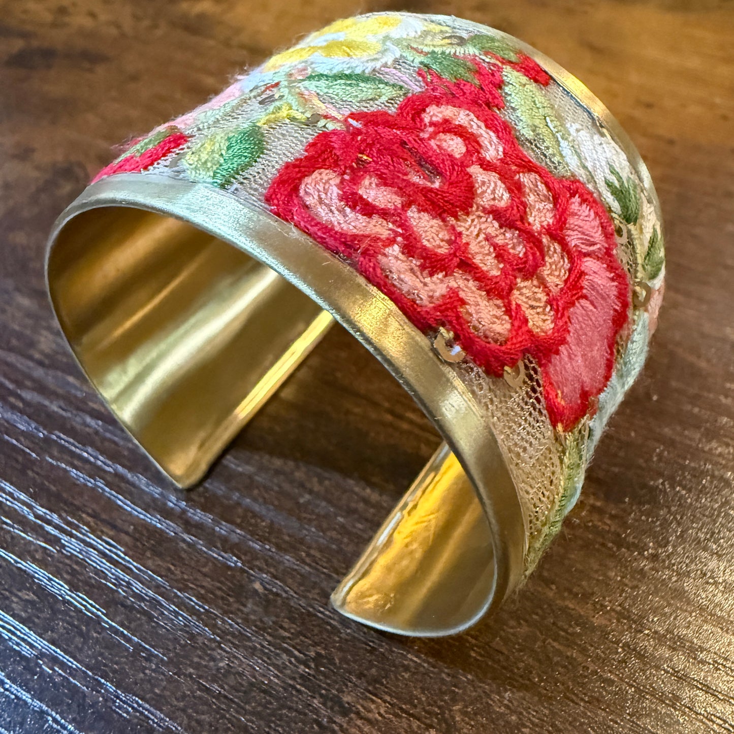 Spring Bloom Handcrafted Floral Embroidery Gold Tone Cuff Flex Bracelet Wild West Boho
