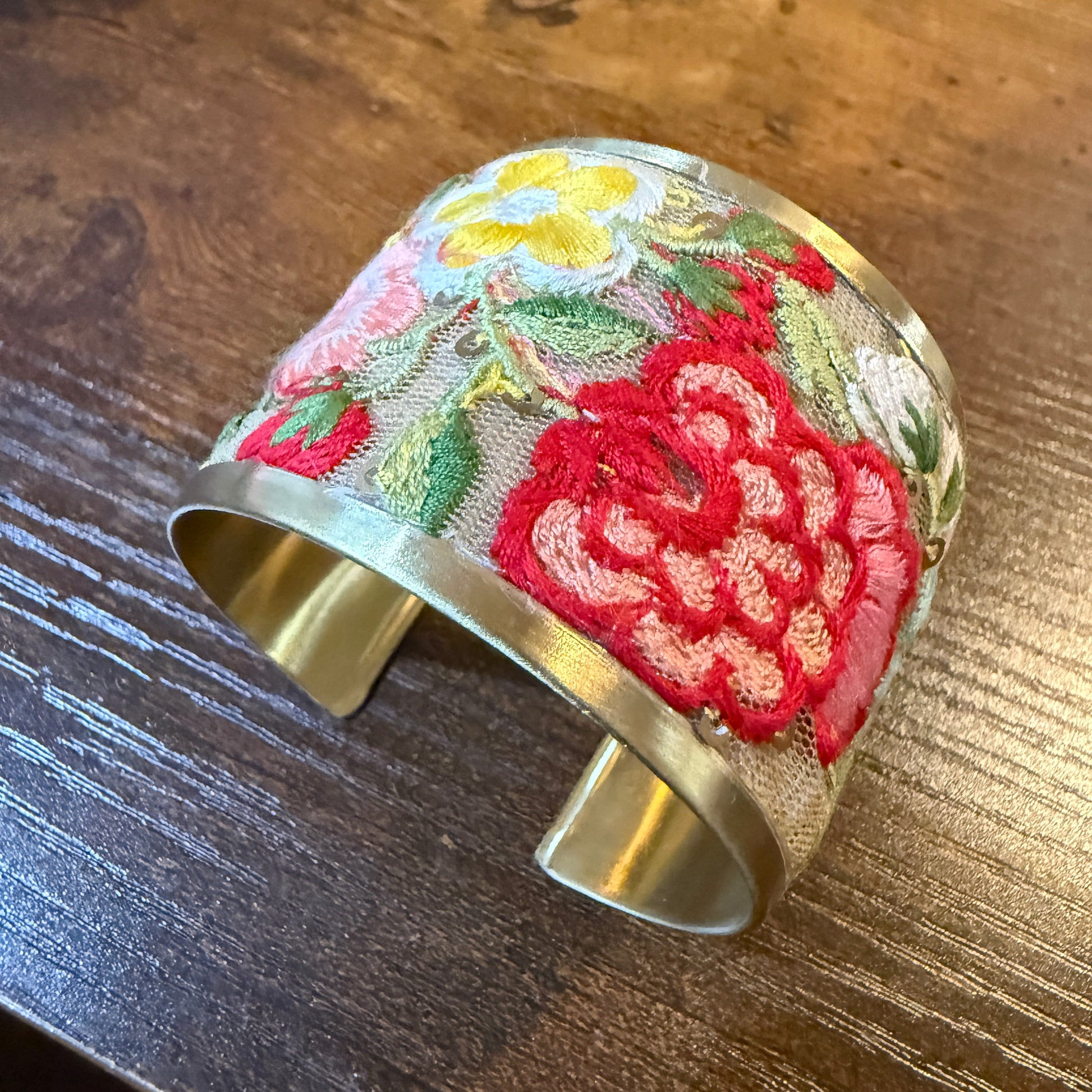 Spring Bloom Handcrafted Floral Embroidery Gold Tone Cuff Flex Bracelet Wild West Boho