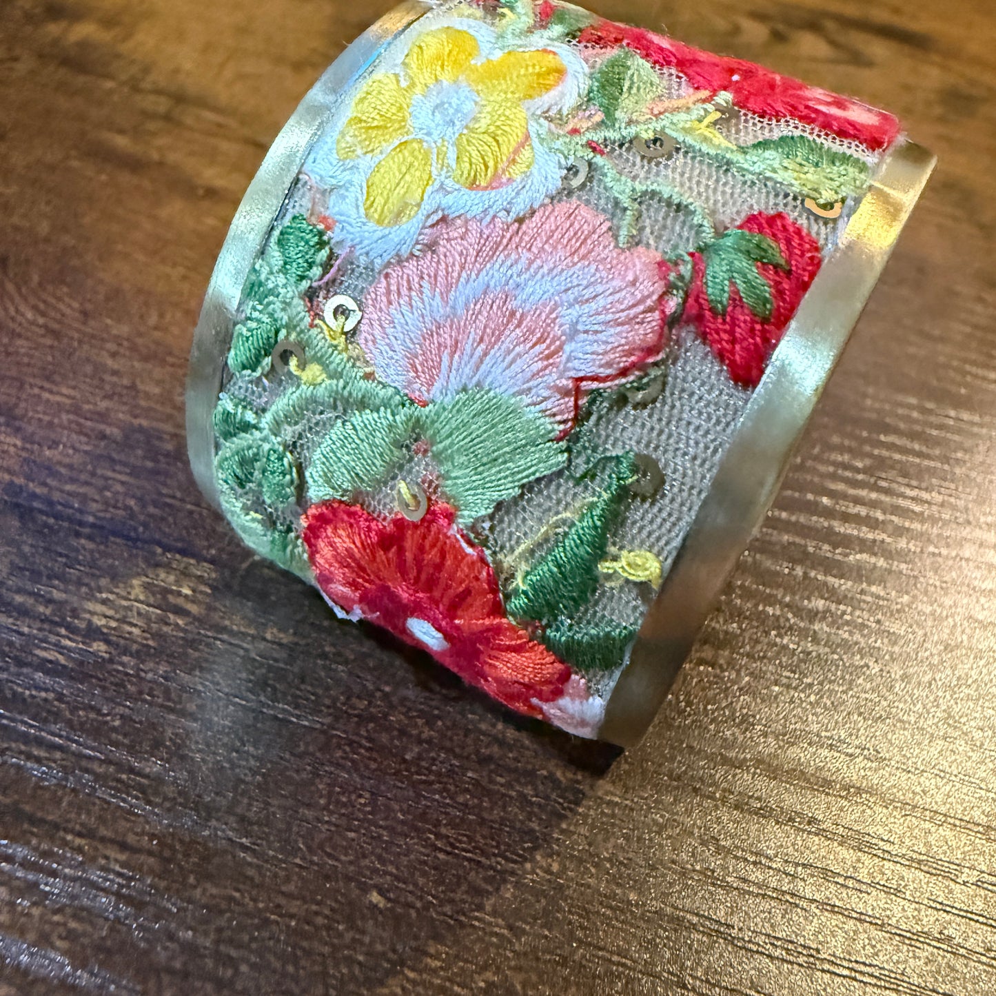 Spring Bloom Handcrafted Floral Embroidery Gold Tone Cuff Flex Bracelet Wild West Boho