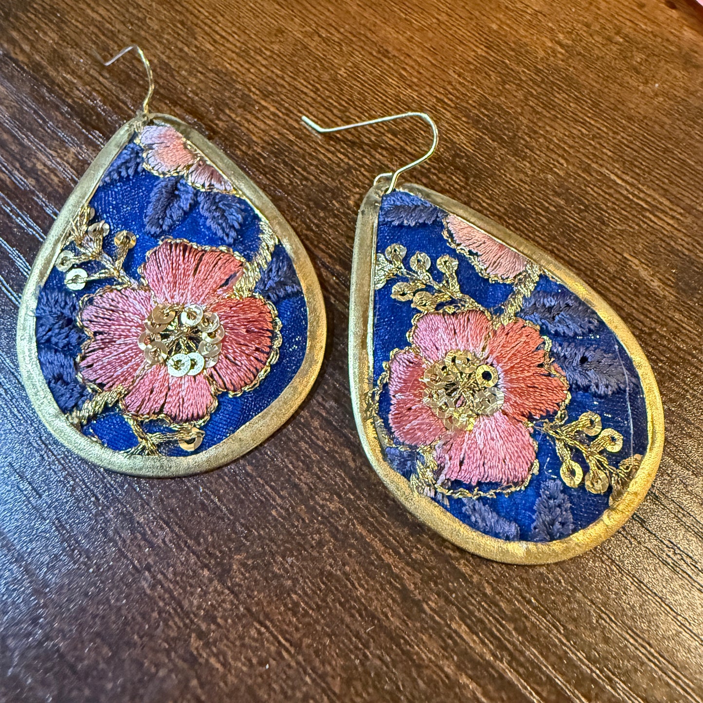 Autumn Embroidery Teardrop Earrings Gold Tone Vintage Pastel Floral Fabric Wild West Boho