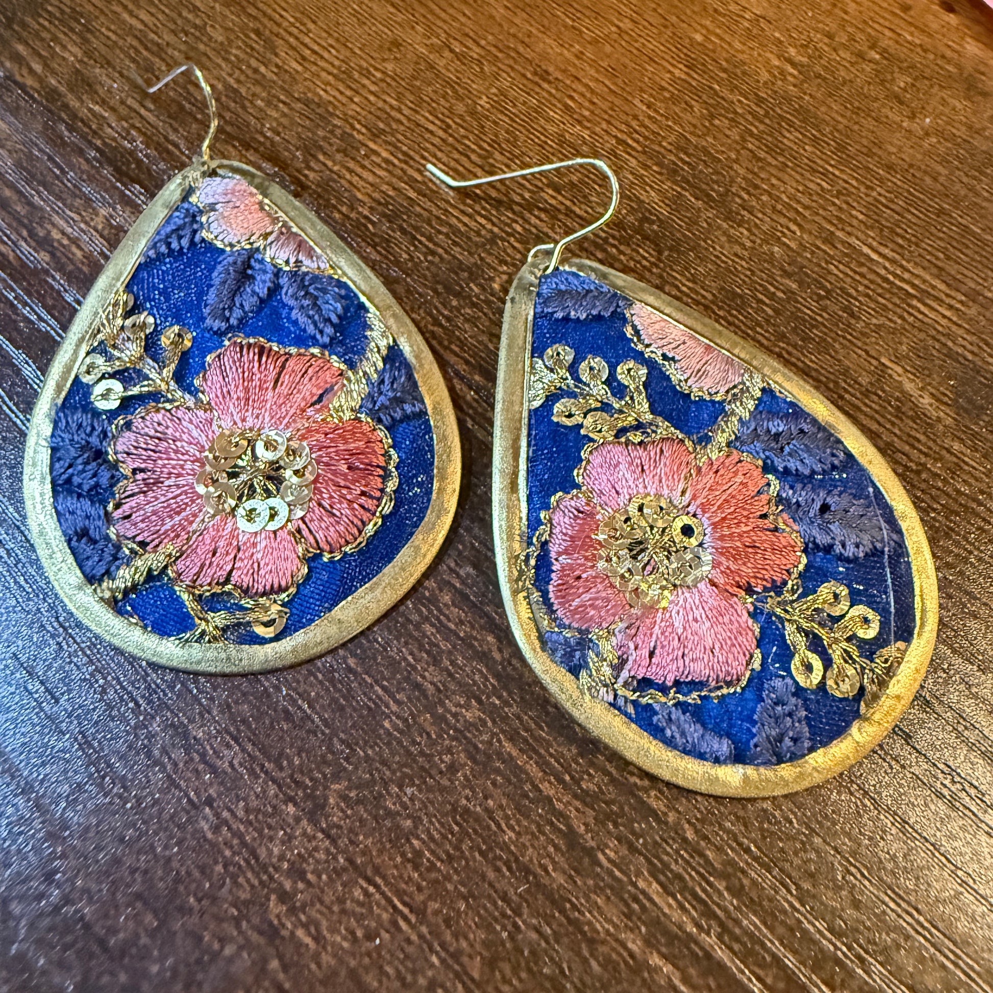 Autumn Embroidery Teardrop Earrings Gold Tone Vintage Pastel Floral Fabric Wild West Boho