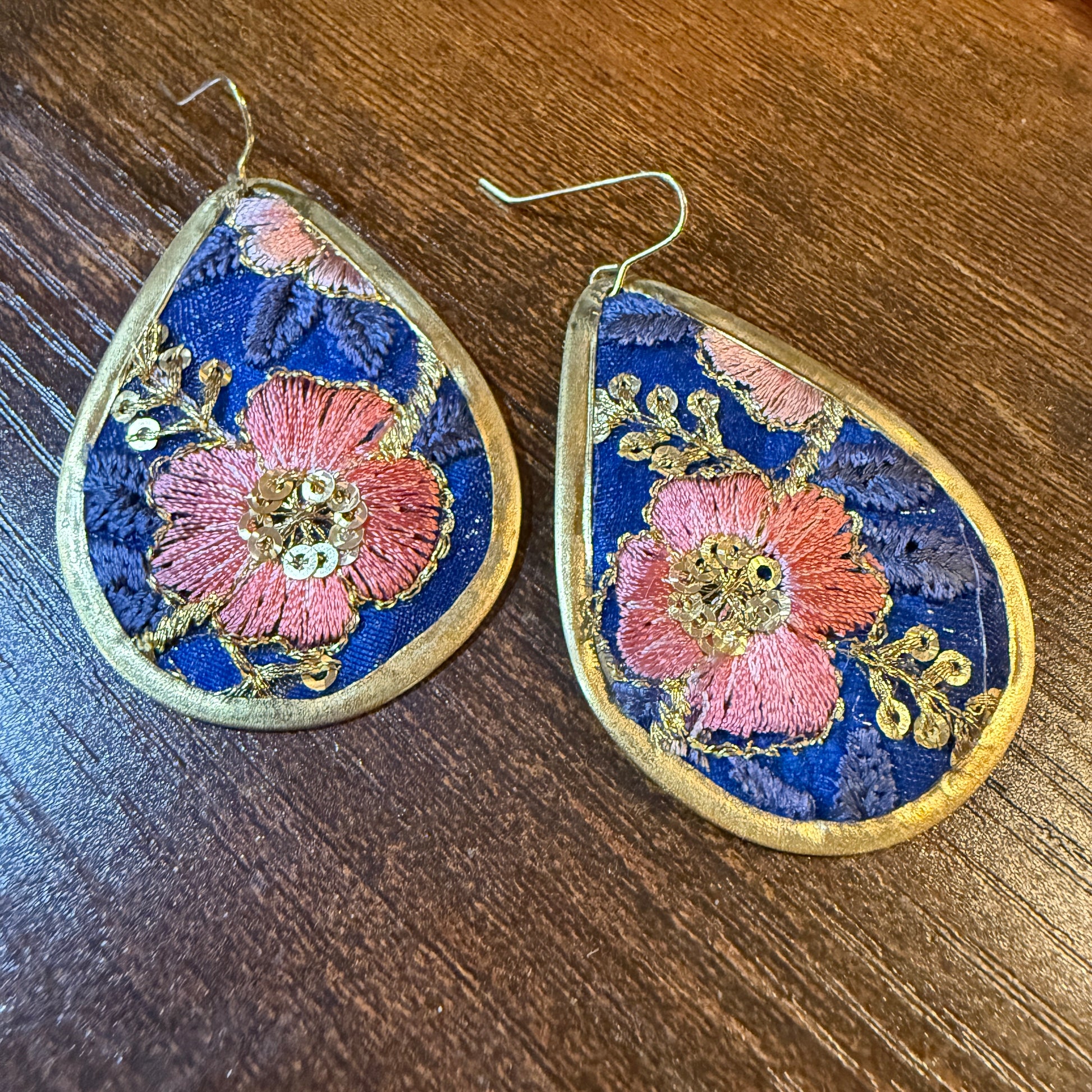 Autumn Embroidery Teardrop Earrings Gold Tone Vintage Pastel Floral Fabric Wild West Boho