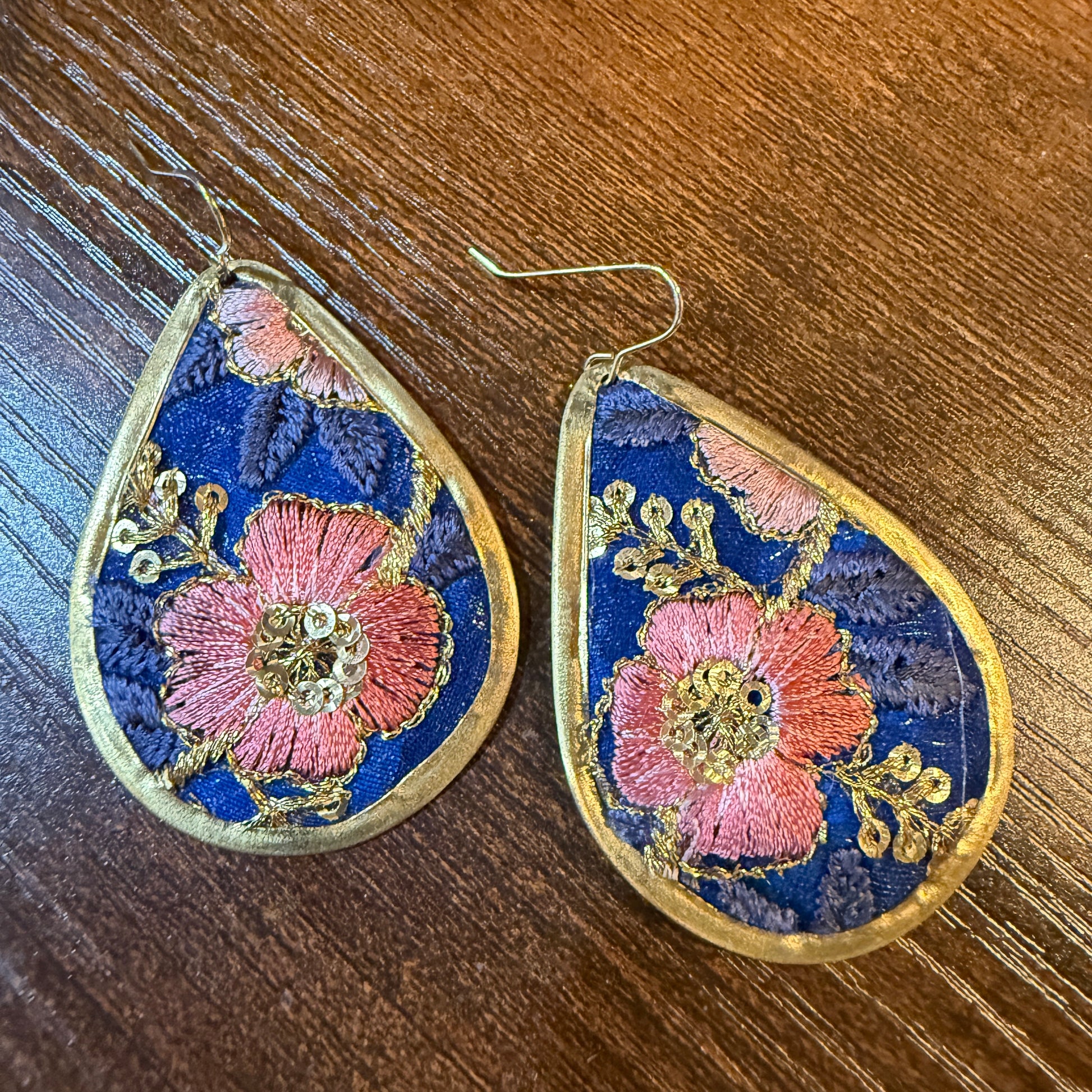 Autumn Embroidery Teardrop Earrings Gold Tone Vintage Pastel Floral Fabric Wild West Boho