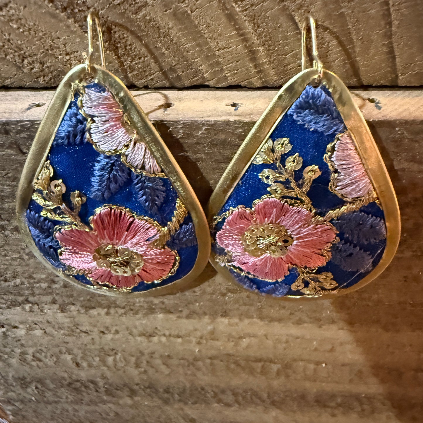 Autumn Embroidery Teardrop Earrings Gold Tone Vintage Pastel Floral Fabric Wild West Boho