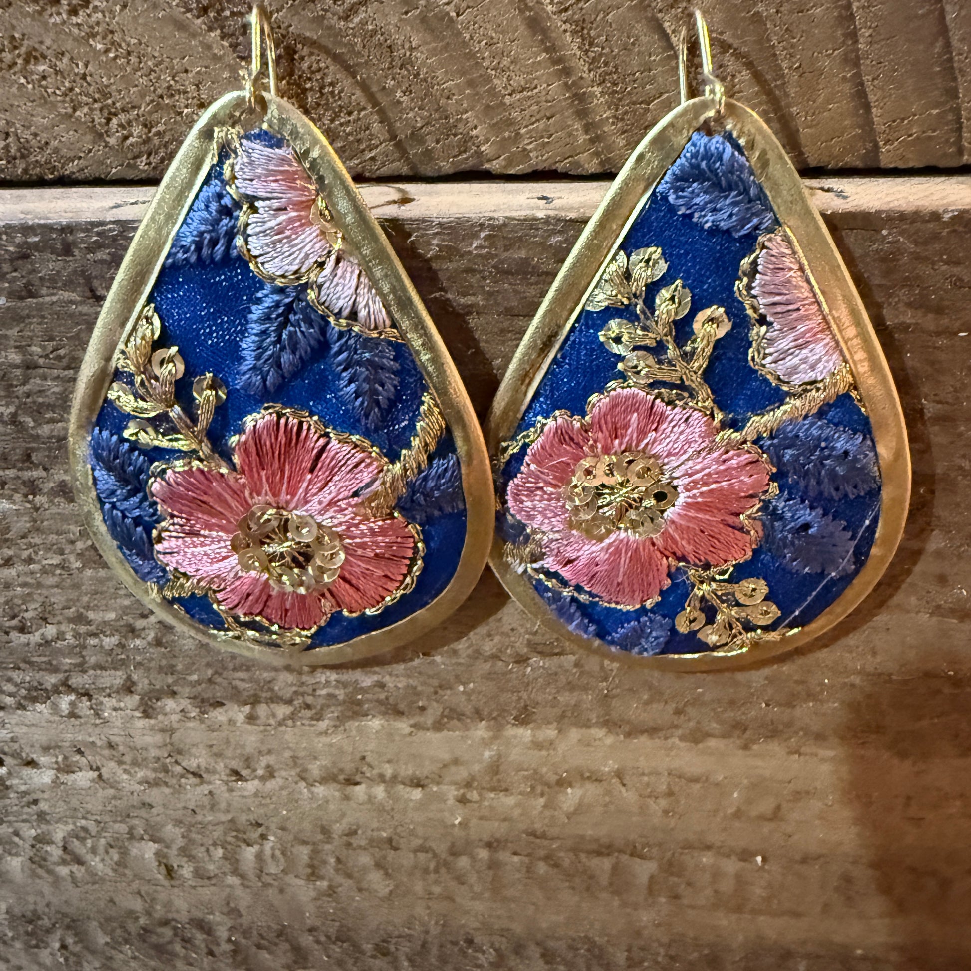 Autumn Embroidery Teardrop Earrings Gold Tone Vintage Pastel Floral Fabric Wild West Boho