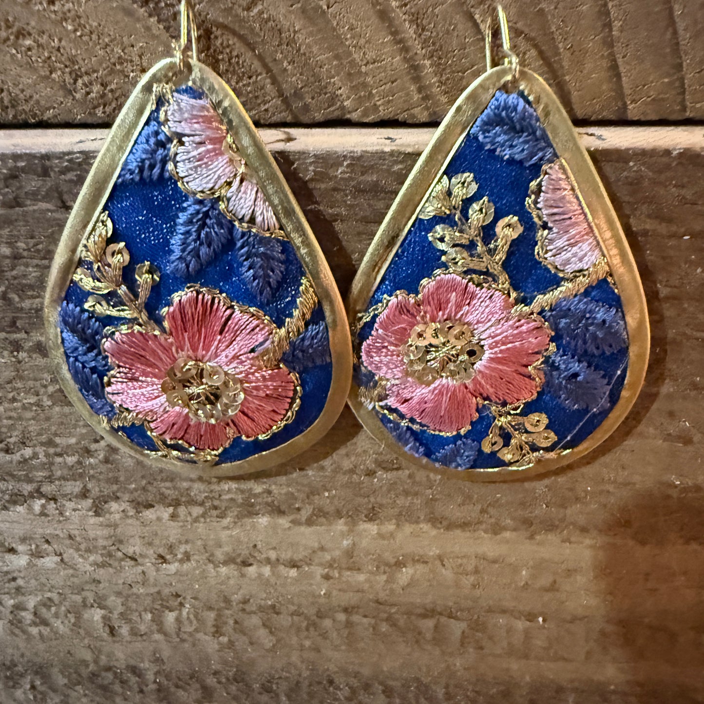 Autumn Embroidery Teardrop Earrings Gold Tone Vintage Pastel Floral Fabric Wild West Boho