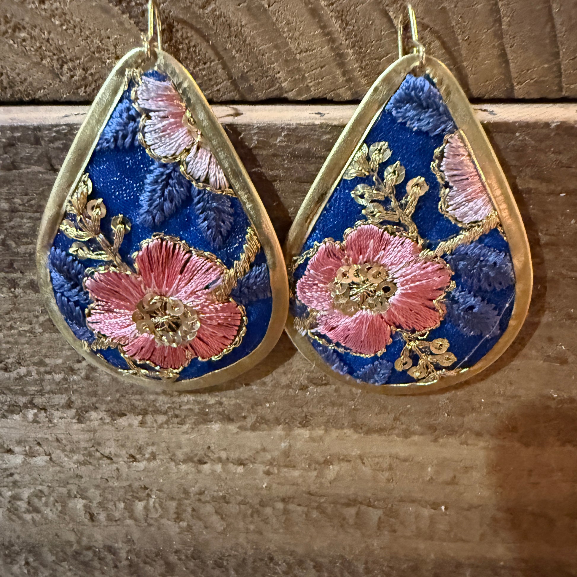 Autumn Embroidery Teardrop Earrings Gold Tone Vintage Pastel Floral Fabric Wild West Boho