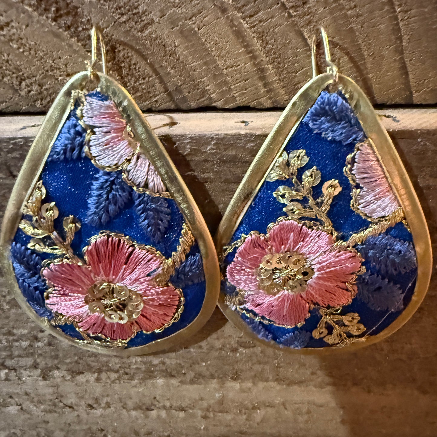 Autumn Embroidery Teardrop Earrings Gold Tone Vintage Pastel Floral Fabric Wild West Boho