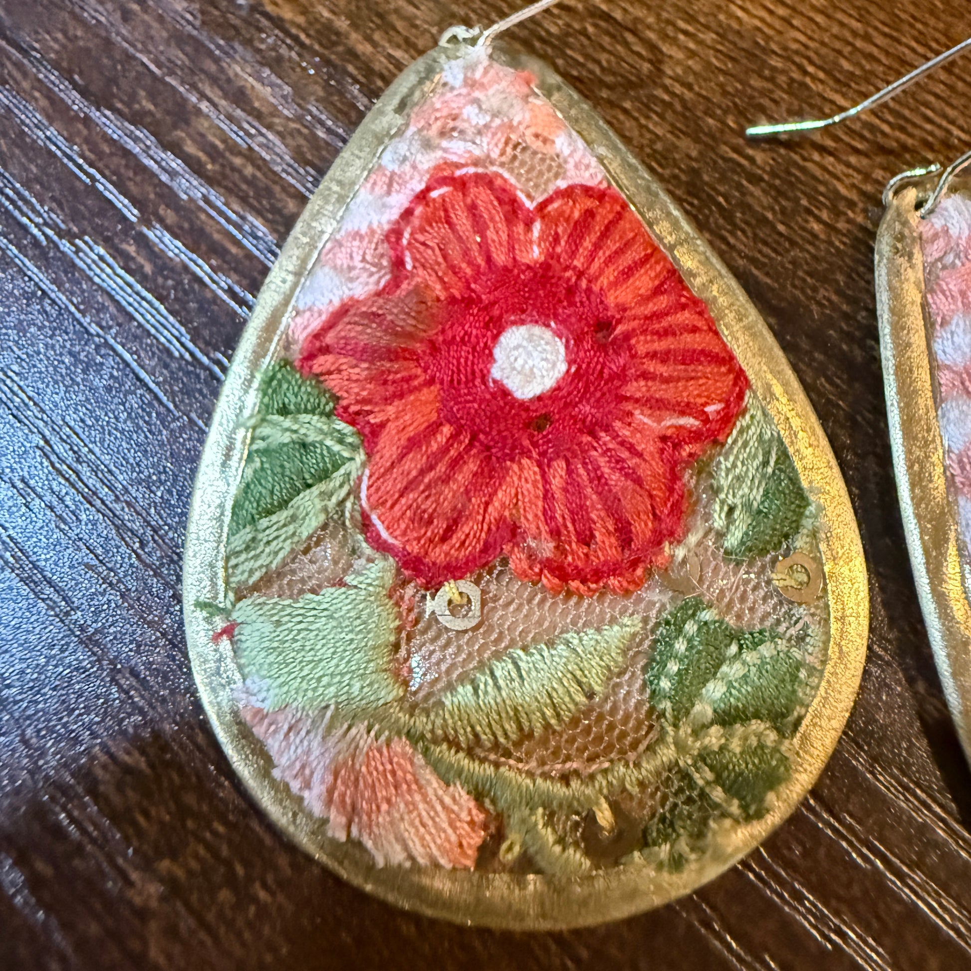 Red Rose Floral Embroidery Wire Earrings Gold Tone Teardrop Wild West Boho