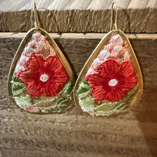 Red Rose Floral Embroidery Wire Earrings Gold Tone Teardrop Wild West Boho