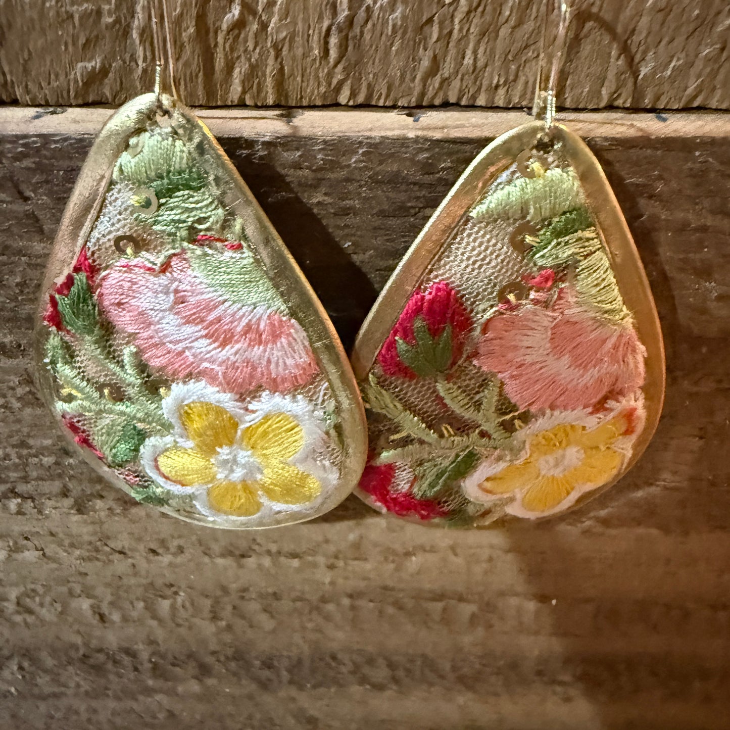 Yellow Blossom Florals Embroidered Drop Wire Earrings Gold Tone Teardrop Wild West Boho