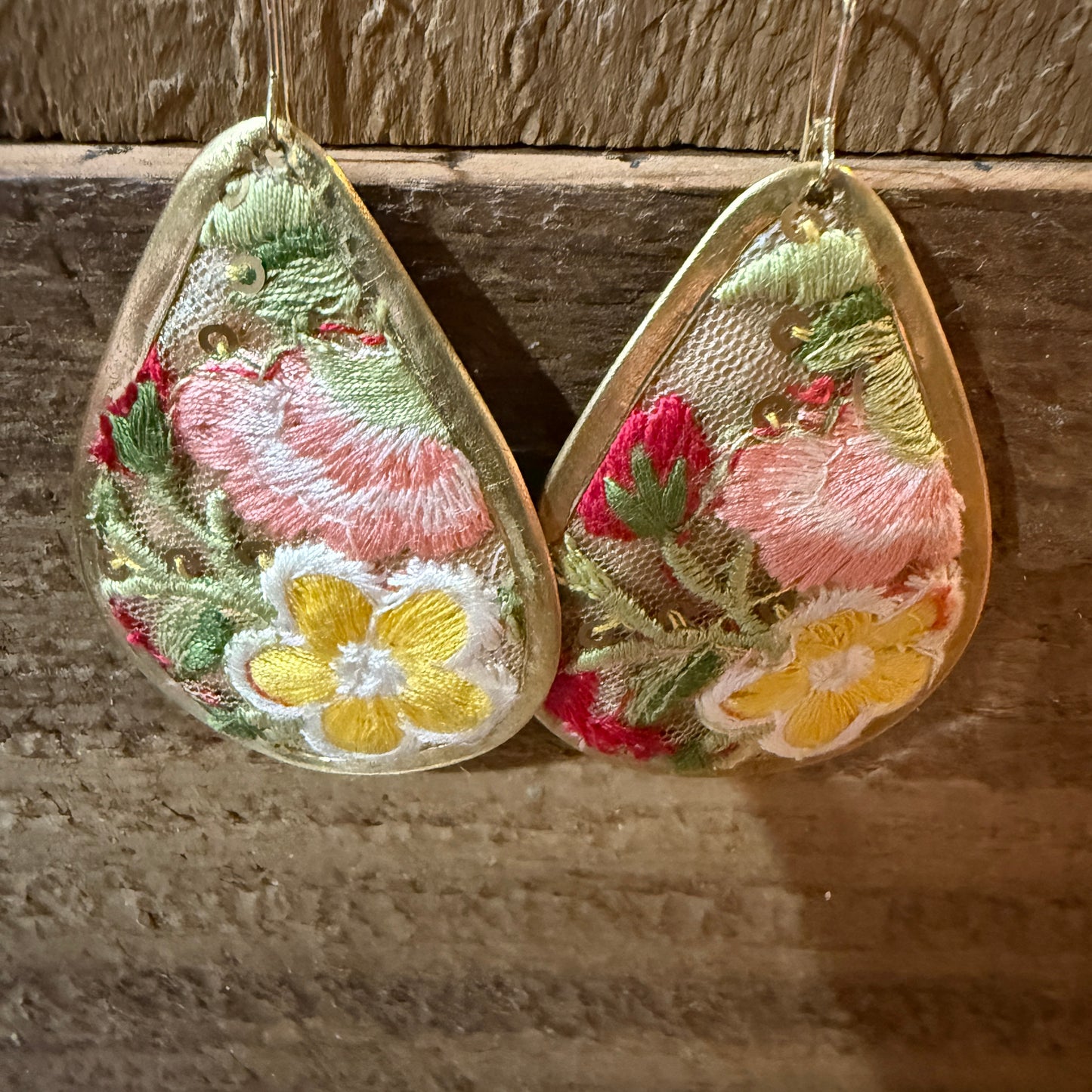 Yellow Blossom Florals Embroidered Drop Wire Earrings Gold Tone Teardrop Wild West Boho