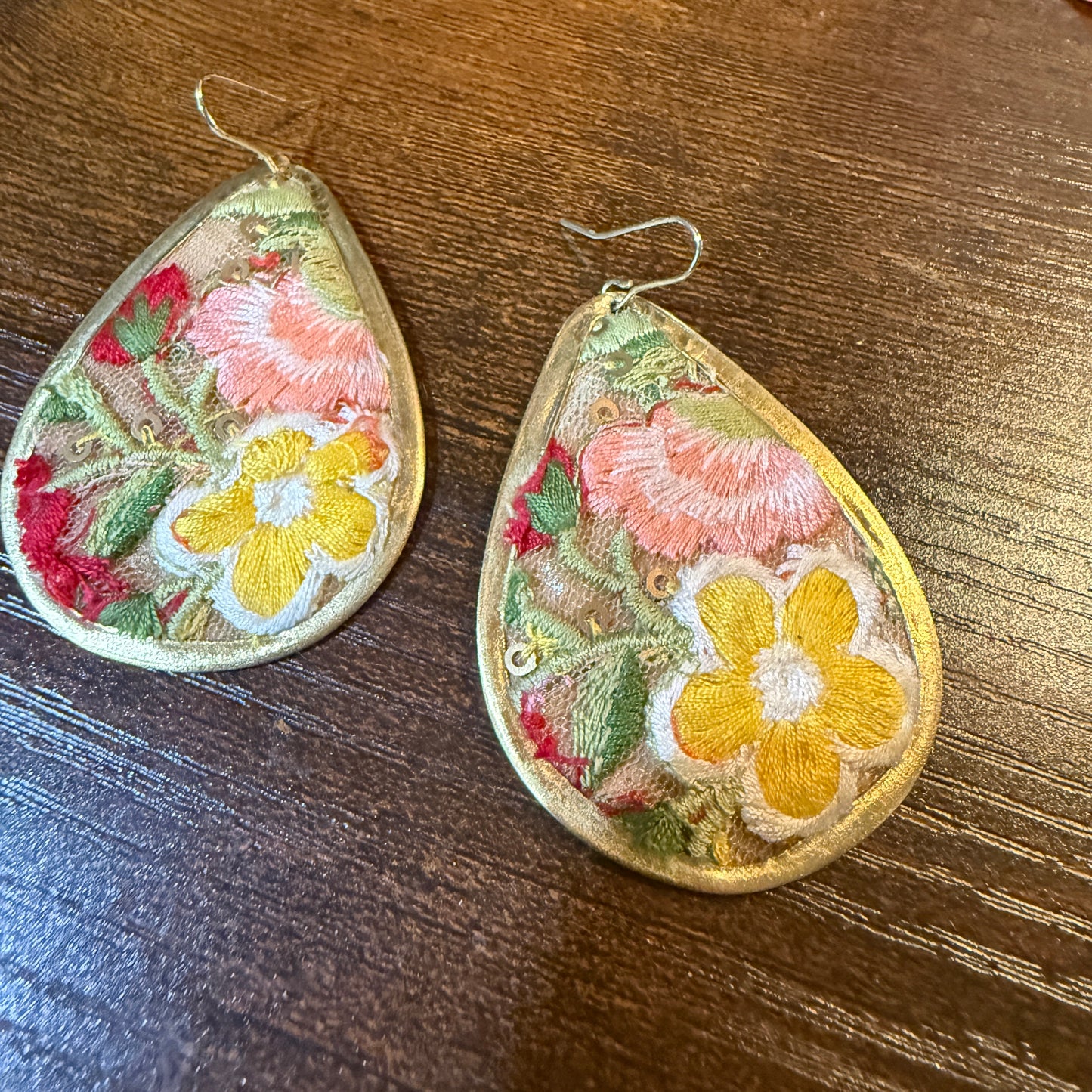 Yellow Blossom Florals Embroidered Drop Wire Earrings Gold Tone Teardrop Wild West Boho