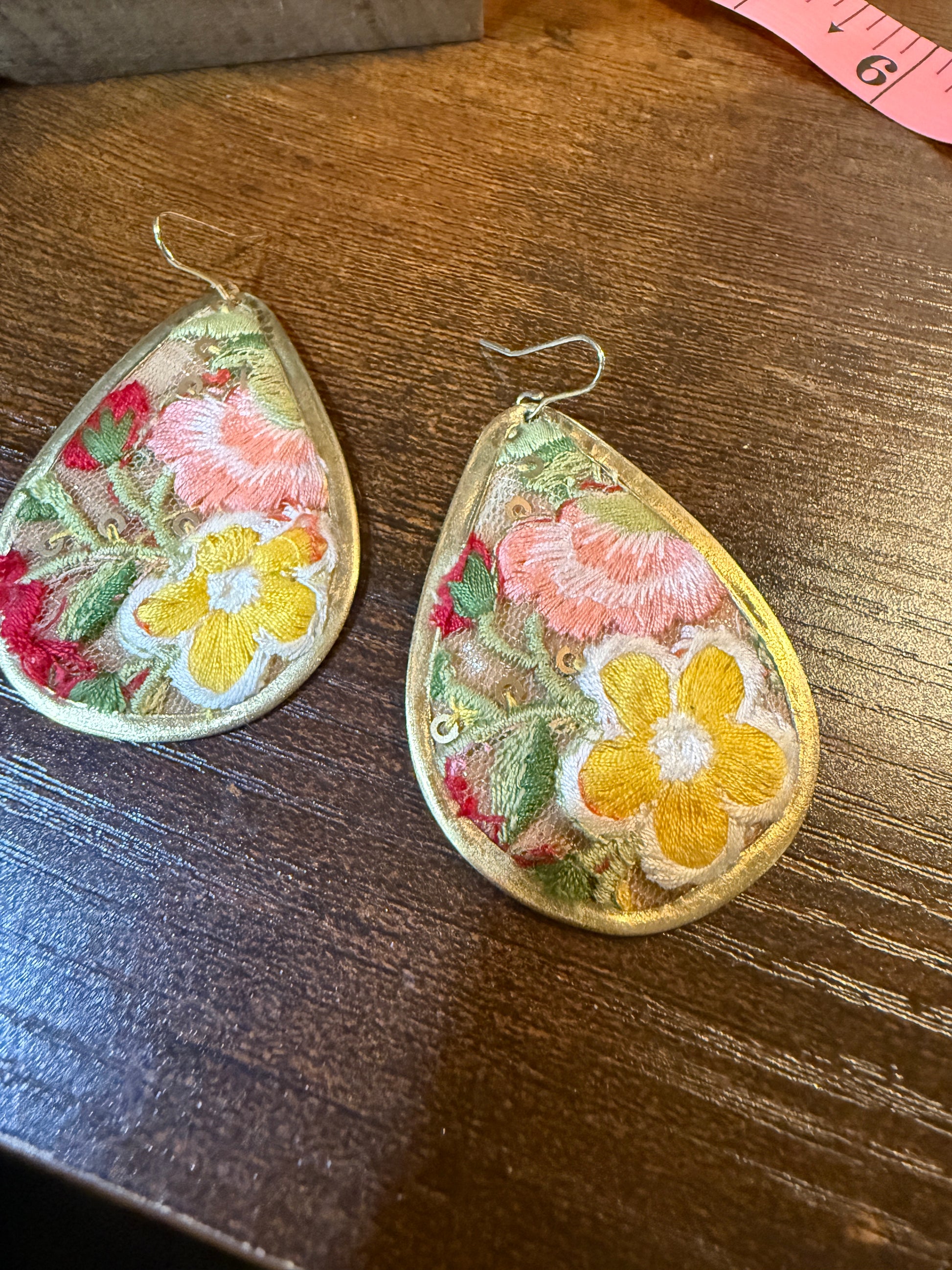 Yellow Blossom Florals Embroidered Drop Wire Earrings Gold Tone Teardrop Wild West Boho