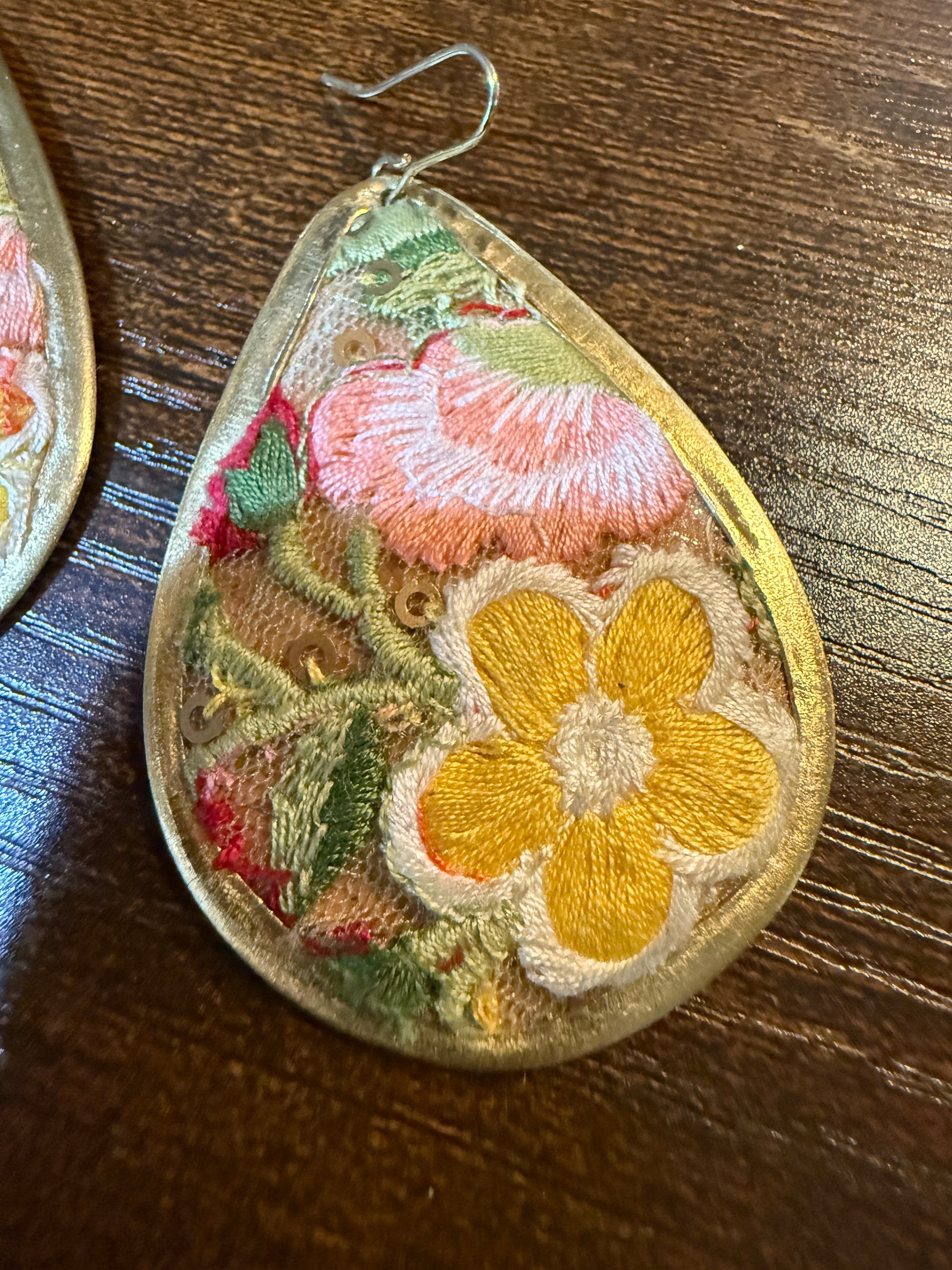 Yellow Blossom Florals Embroidered Drop Wire Earrings Gold Tone Teardrop Wild West Boho