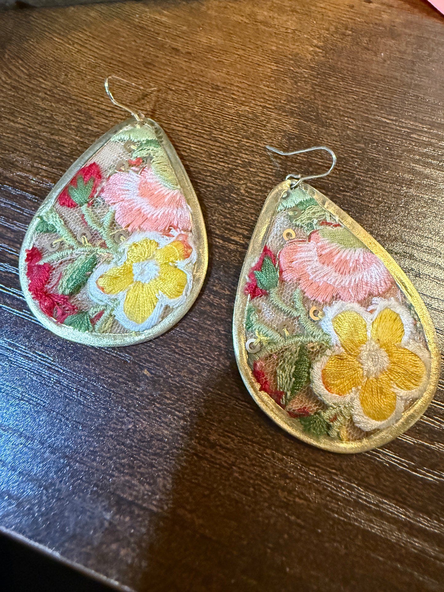 Yellow Blossom Florals Embroidered Drop Wire Earrings Gold Tone Teardrop Wild West Boho