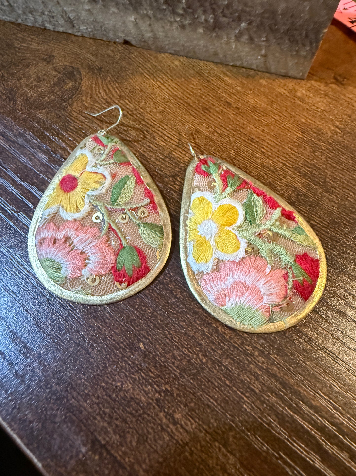 Yellow Bloom Florals Embroidered Wire Earrings With Gold Tone Teardrop Wild West Boho