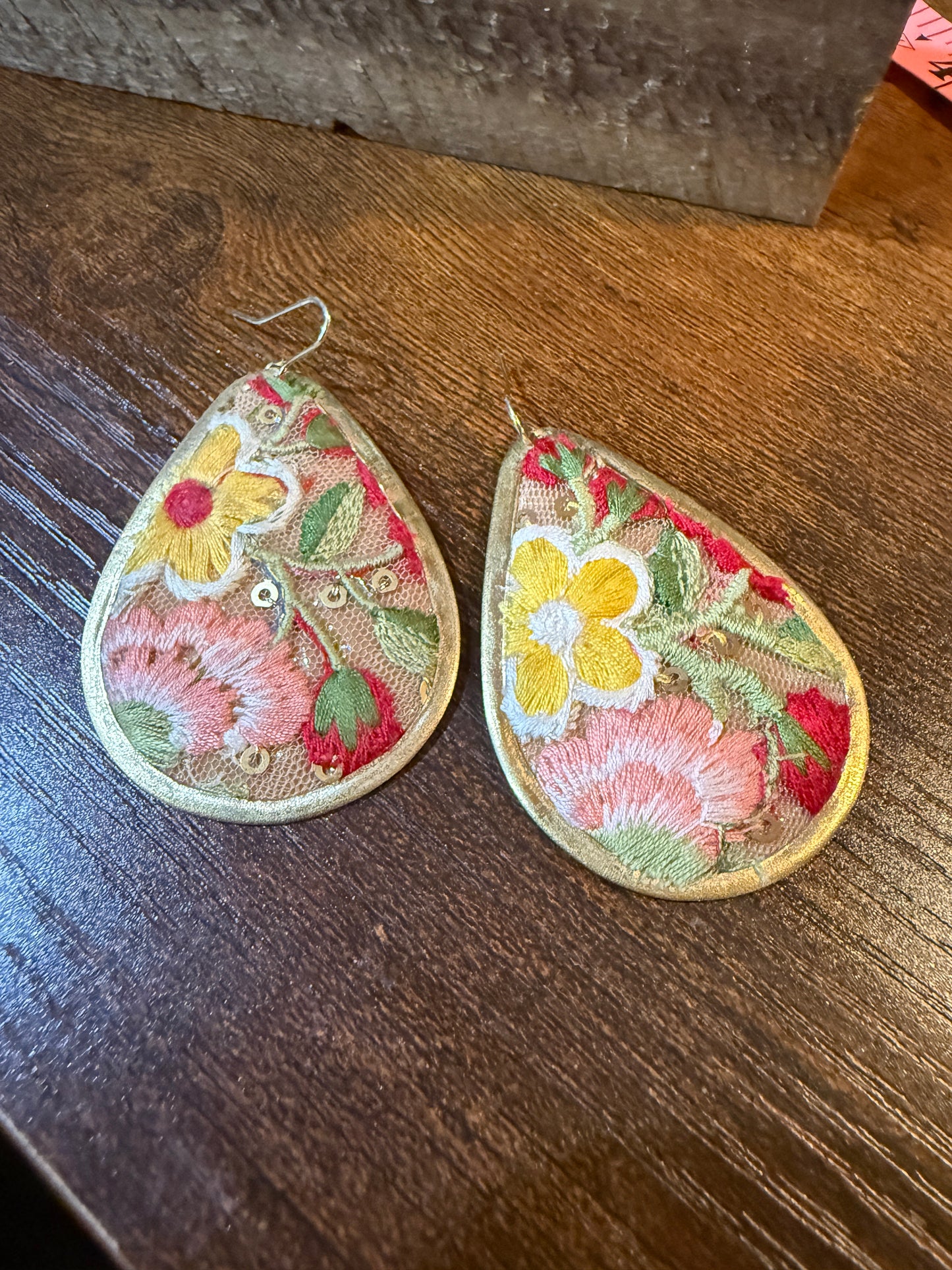 Yellow Bloom Florals Embroidered Wire Earrings With Gold Tone Teardrop Wild West Boho